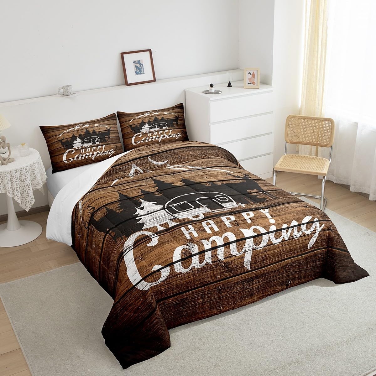 Feelyou Happy Camping Comforter Queen Size Camper Bedding Set for Boys Girls Teens Bedroom Decor Kids RV Camping Comforter Set Farmhouse Trailers Camper Duvet Set with 2 Pillow Case