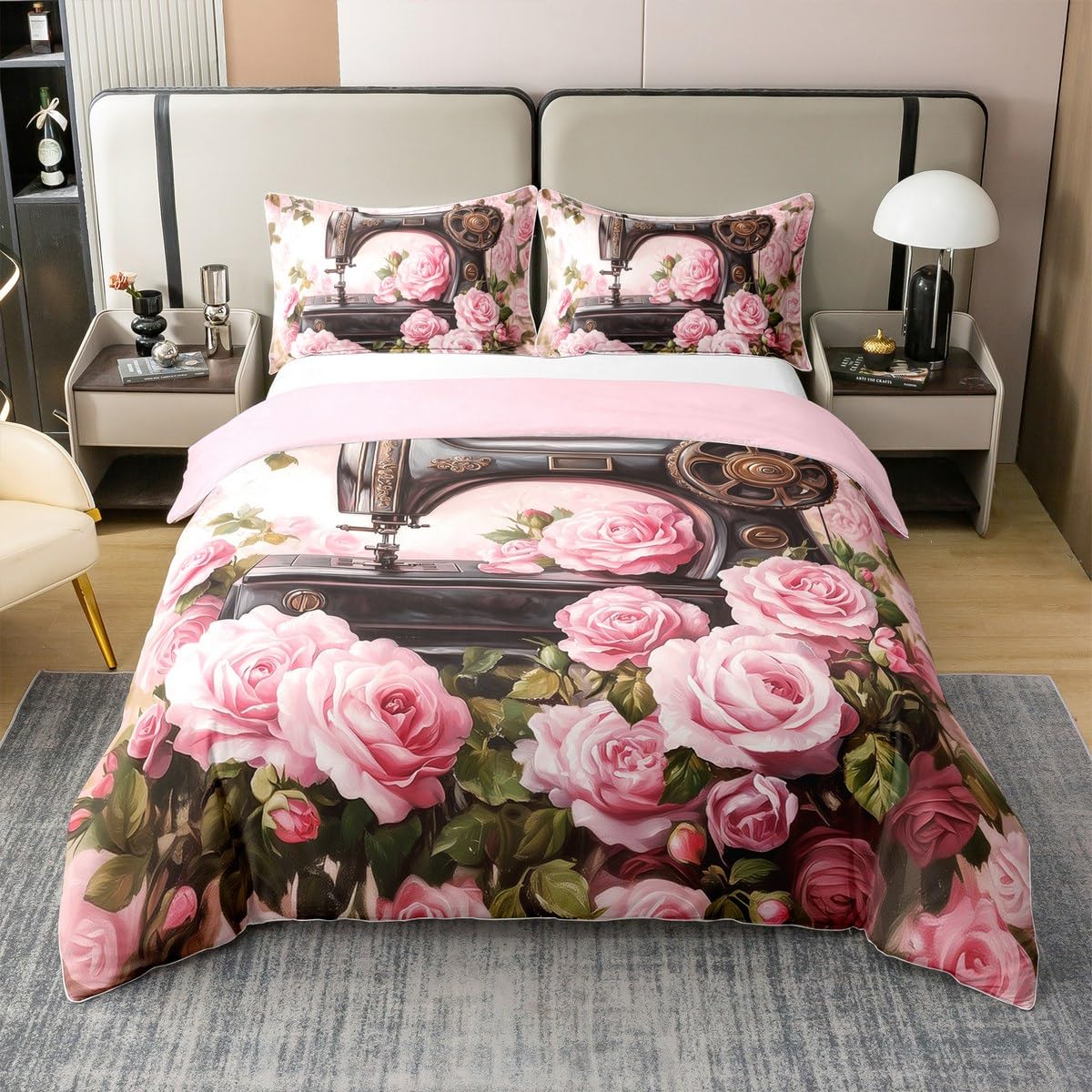 Juego de ropa de cama con diseño de máquina de coser 3D, hojas verdes, rosa, 100 % algodón, funda de edredón de 3 piezas para niños, niñas y mujeres, funda de edredón romántica retro, 2 fundas de