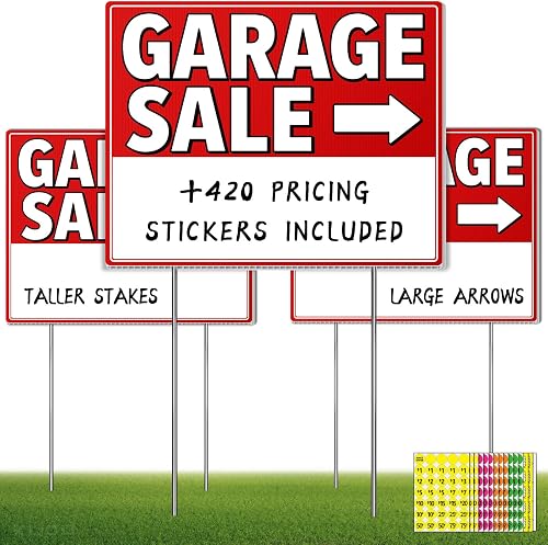 Garage Sale Signs with Stakes (3 Pack Kit) - Double Sided Yard Sale Signs with High-Visibility Arrows, 17x13 Inch Garage Sales Kit & Yard Supplies with 420 Pricing Stickers, Weatherproof 4mm Corrugated Plastic