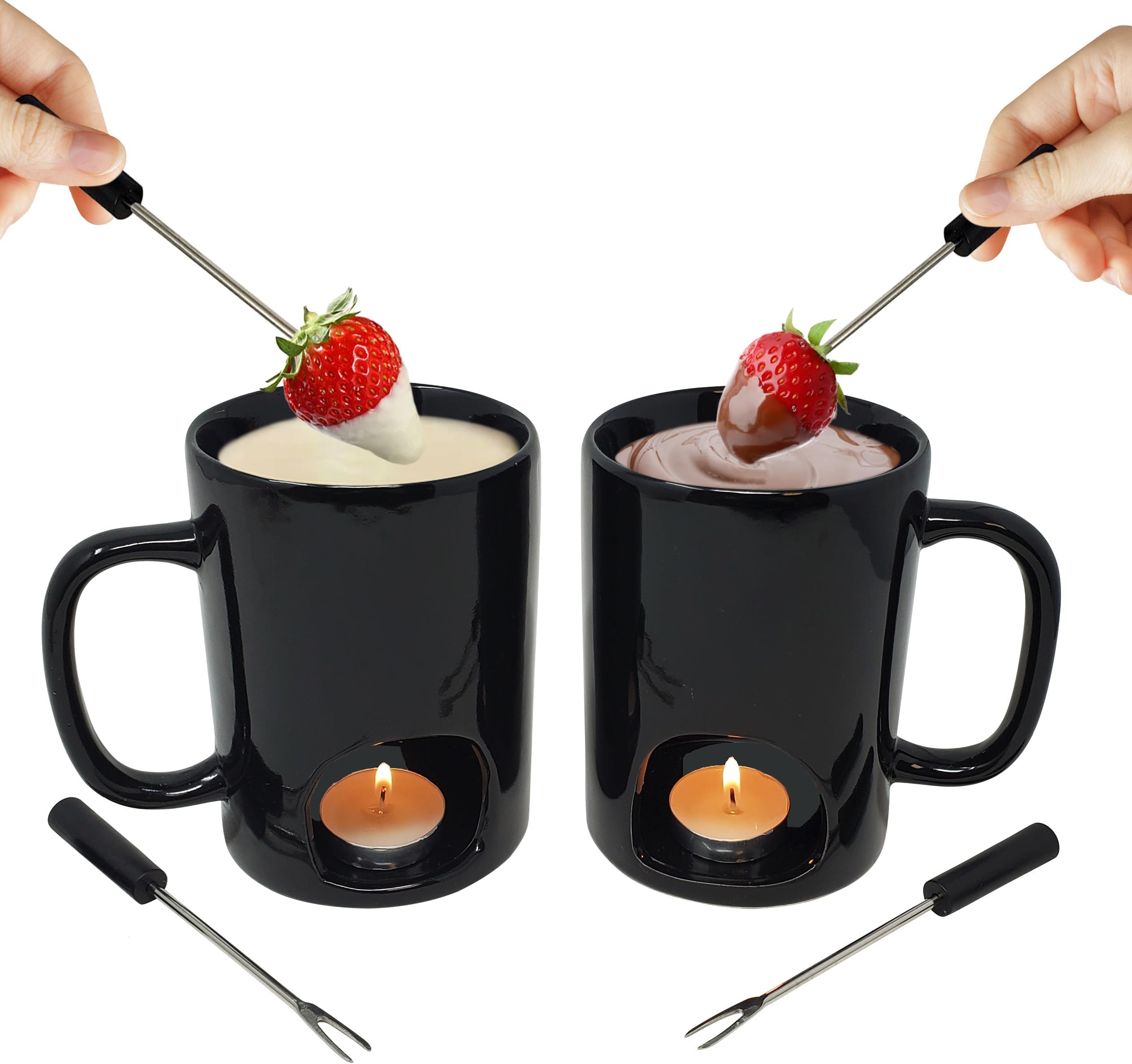 Kovot Personal Fondue Mugs Set of 2 | Ceramic Mugs for Chocolate or Cheese | Includes Forks and Tealights| Double Vented (Black)