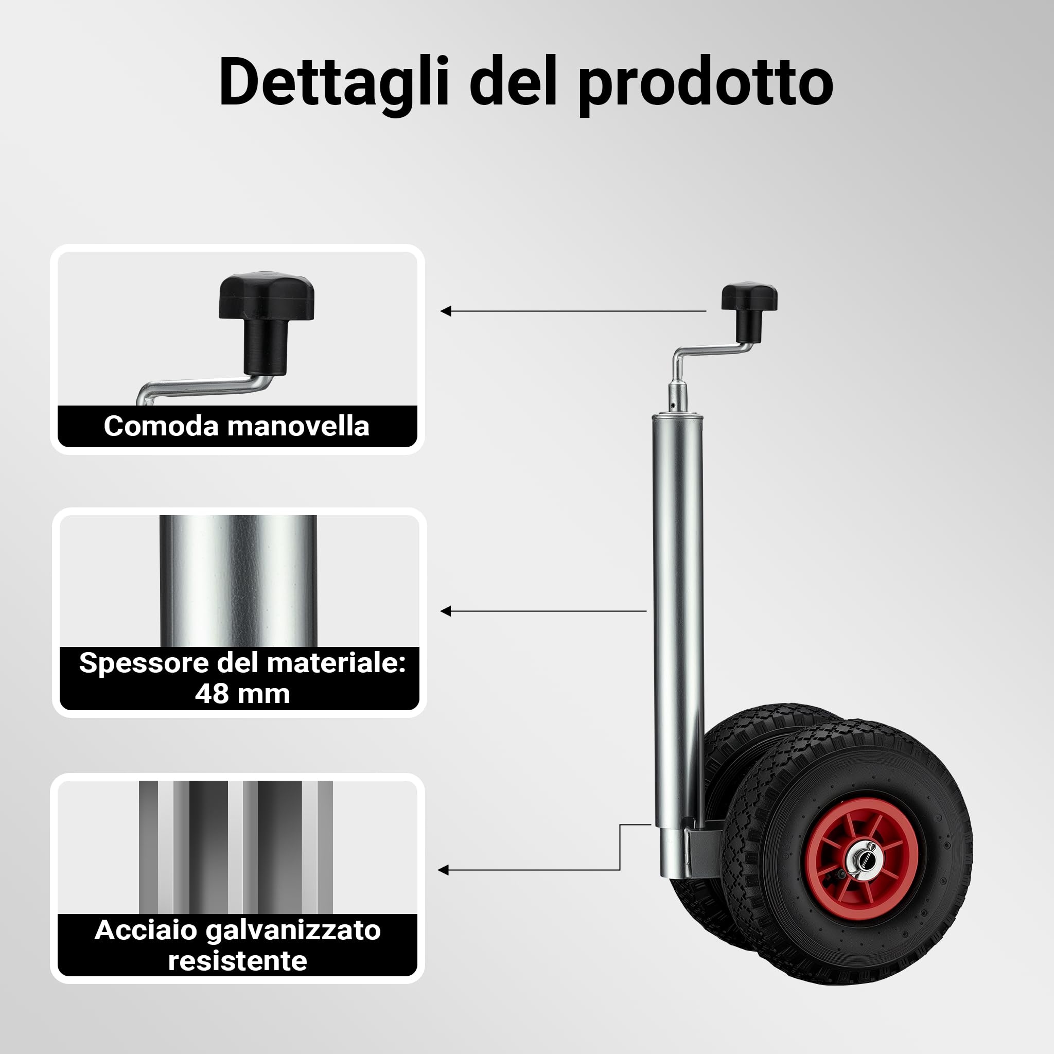 Wiltec Servotimone con ruota di appoggio doppia, portata 200 kg, supporto per rimorchio con pneumatici gonfiabili, ruotino di appoggio, altezza regolabile 66-86 cm, per rimorchi e caravan