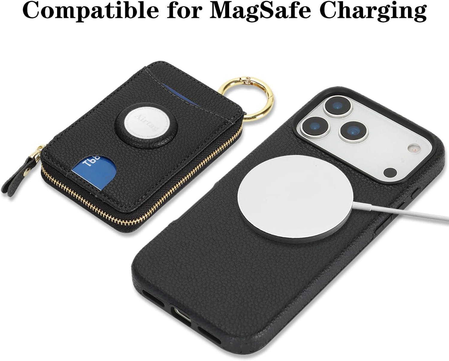 Cavor Compatible with MagSafe for iPhone 17 Pro Max Wallet Case with AirTag Holder，2 in 1 PU Leather Magnetic Detachable Card Holder Ring Kickstand Zipper Phone Case for Women Men-Black