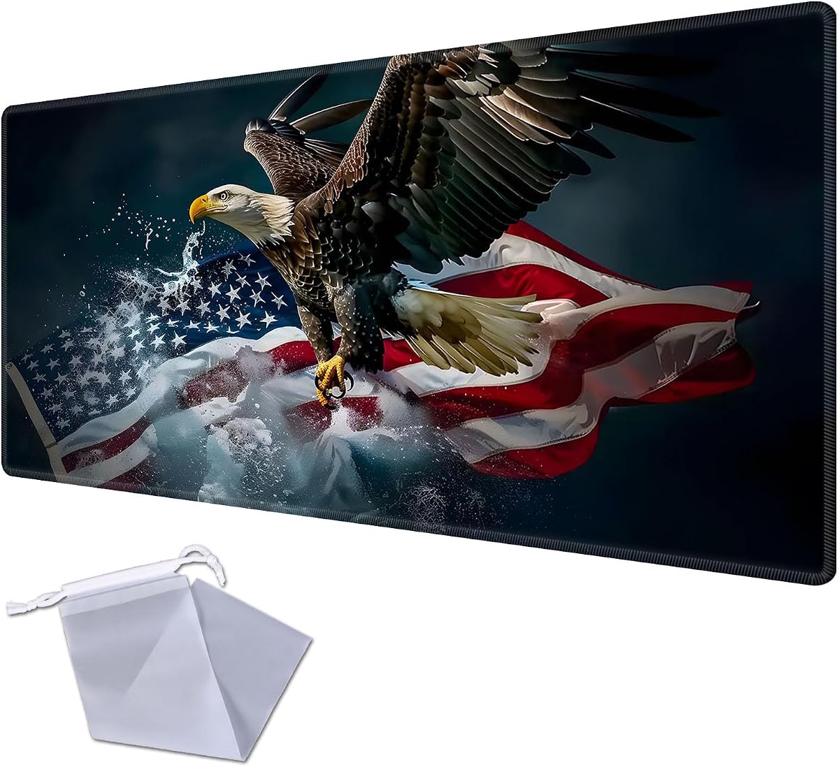 Patterned Gaming Playmat Compatible with MTG, Compact Card Game Mat with Stitched Edges, Natural Rubber Desk Pad with Transparent Drawstring Bag, 23.6 x 13.7 Inch, American Flag Flies