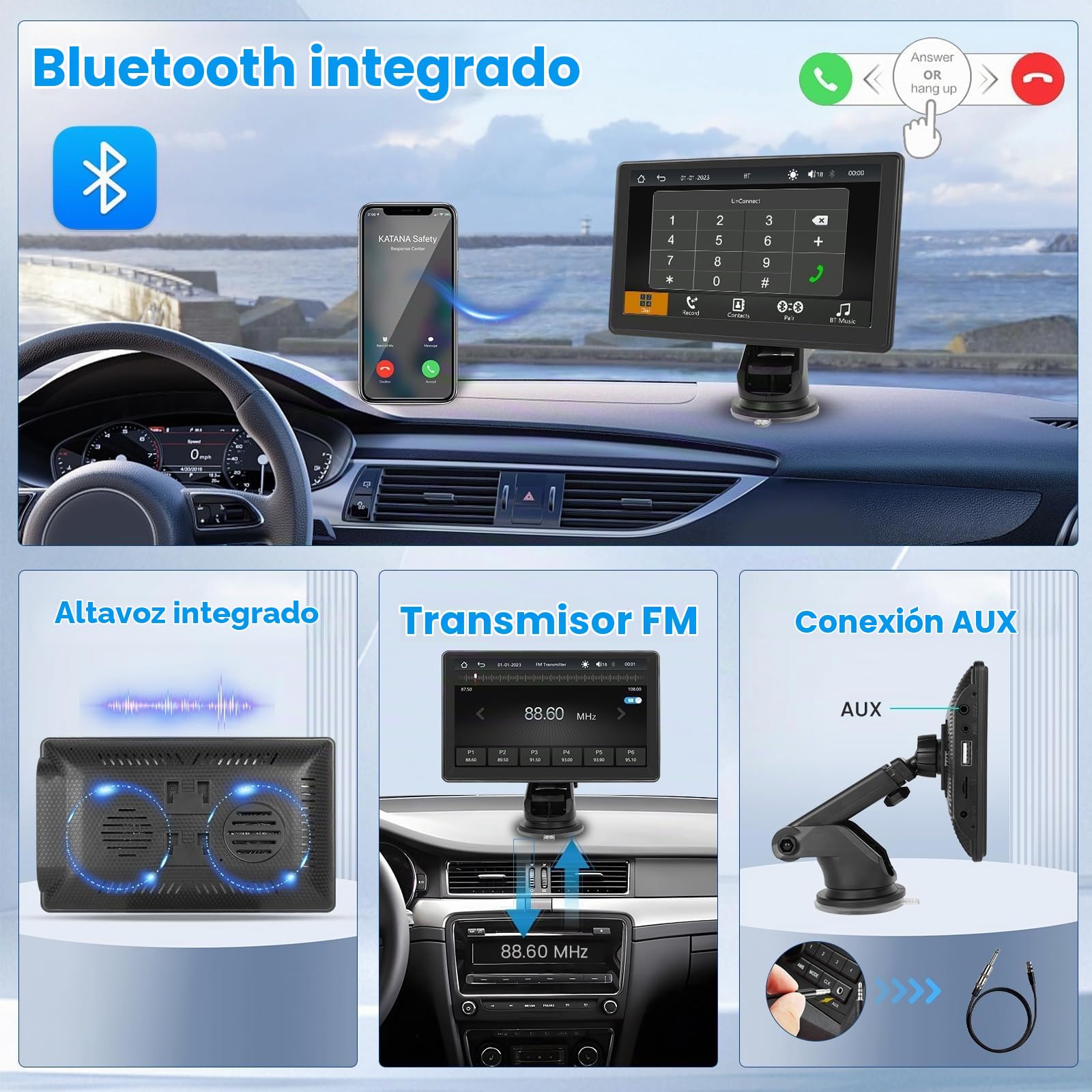Inefala 7 Pulgadas Inalámbrico Carplay Estéreo para Coche, Pantalla Táctil Portátil Carplay y Android Auto, Enlace a Espejo, Ajustes de Ecualización, FM/TF/USB/AUX, Bluetooth Dual, Cámara Trasera
