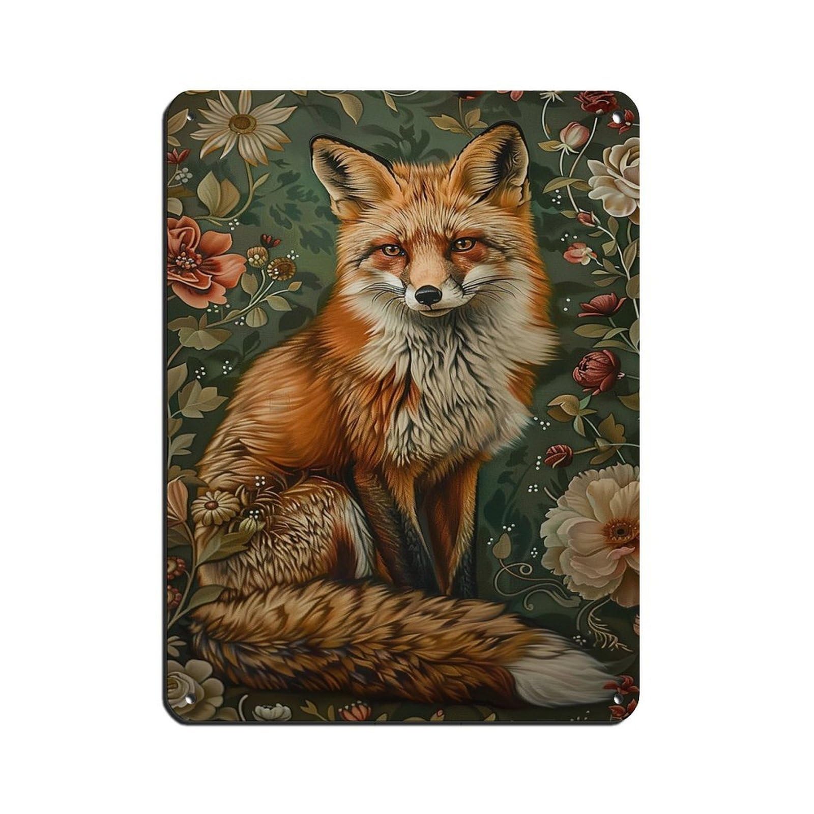 Cottage Fox And Flowers Painting Poster Tin Sign Vintage Metal Pub Club Cafe Bar Home Wall Art Decoration Poster Retro 12x16inch(30x40cm)