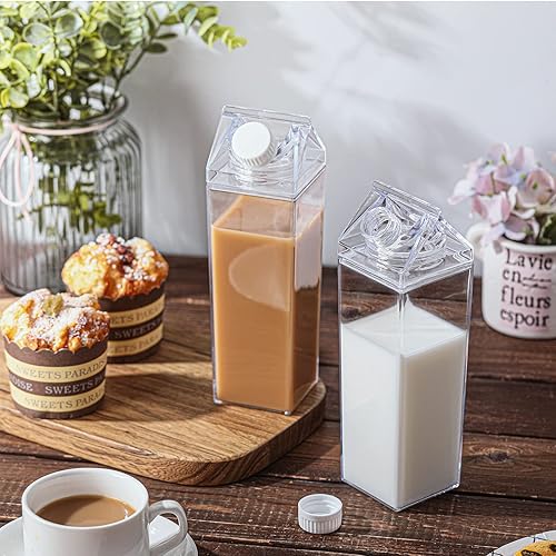 Miniatura 5 de Botellas de agua de cartón de leche transparente, 17 onzas, a prueba de fugas, bonita botella de leche cuadrada portátil para deportes al aire