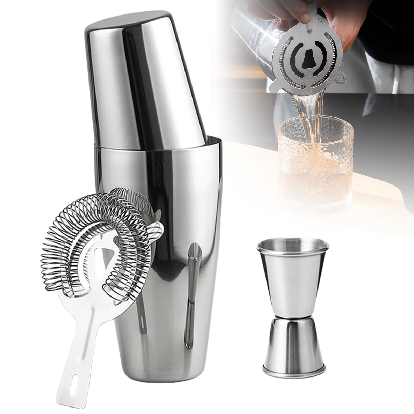 Boston - Set shaker da cocktail da 600 ml e 450 ml, in acciaio inox, con colino e misurino, in metallo, accessori da bar di alta qualità, shaker professionale Boston per Bartending