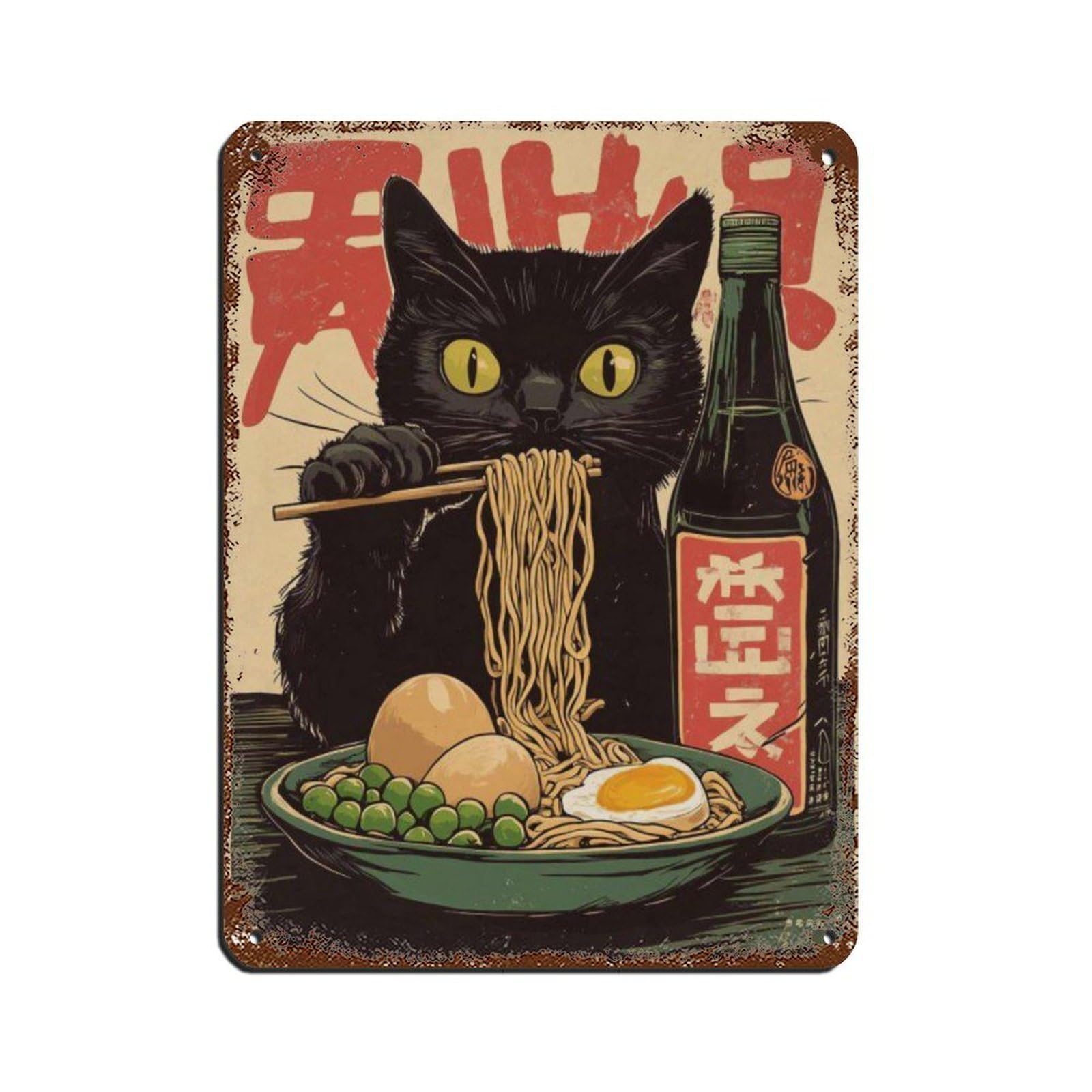 Japanese Ramen Cat Art Poster, Tin Sign Vintage Metal Pub Club Cafe Bar Home Wall Art Decoration Poster Retro 12x16inch(30x40cm)