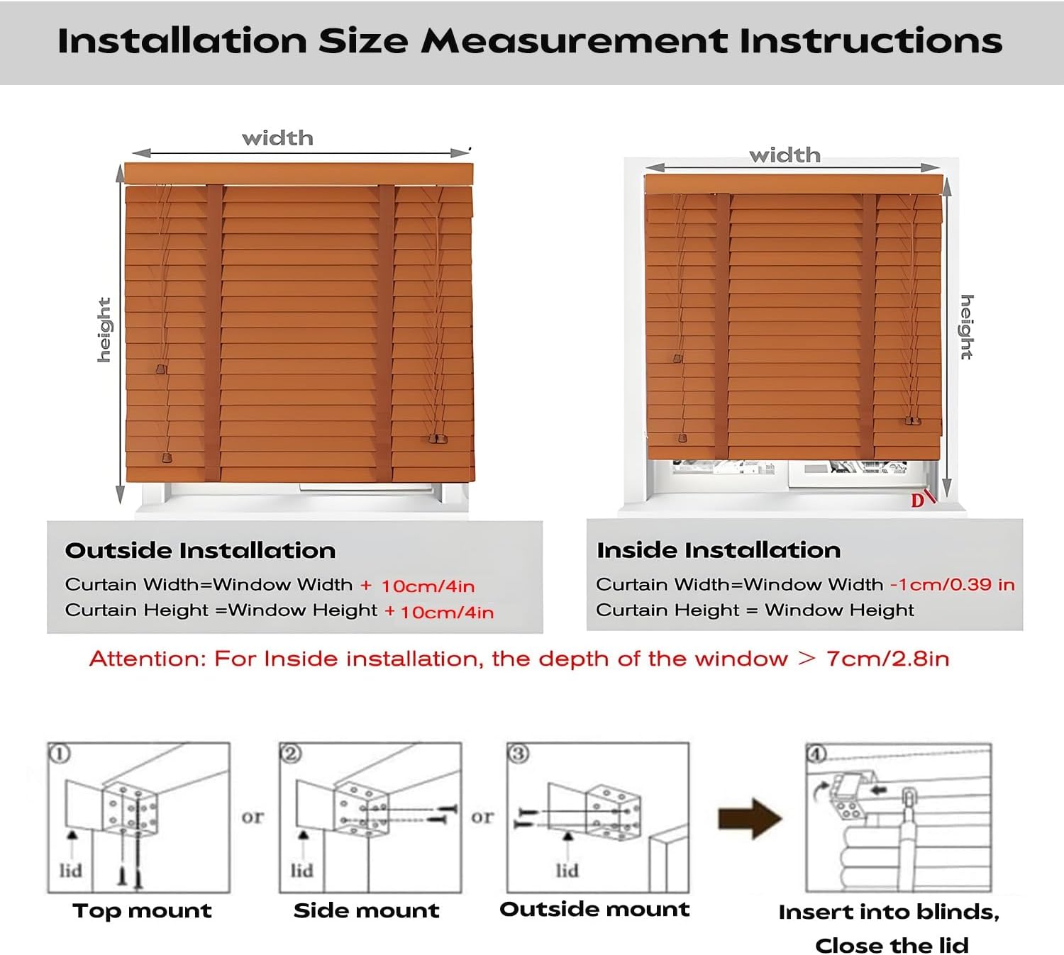 24" 30" 33" 36" 48" 56" 60" 66" 72" Cordless Wood Blinds, 2" Slat Wooden Window Blinds, Office Privacy Blinds Living Room Light Filtering Blinds Bedroom Blackout Windows Shades(Brown)