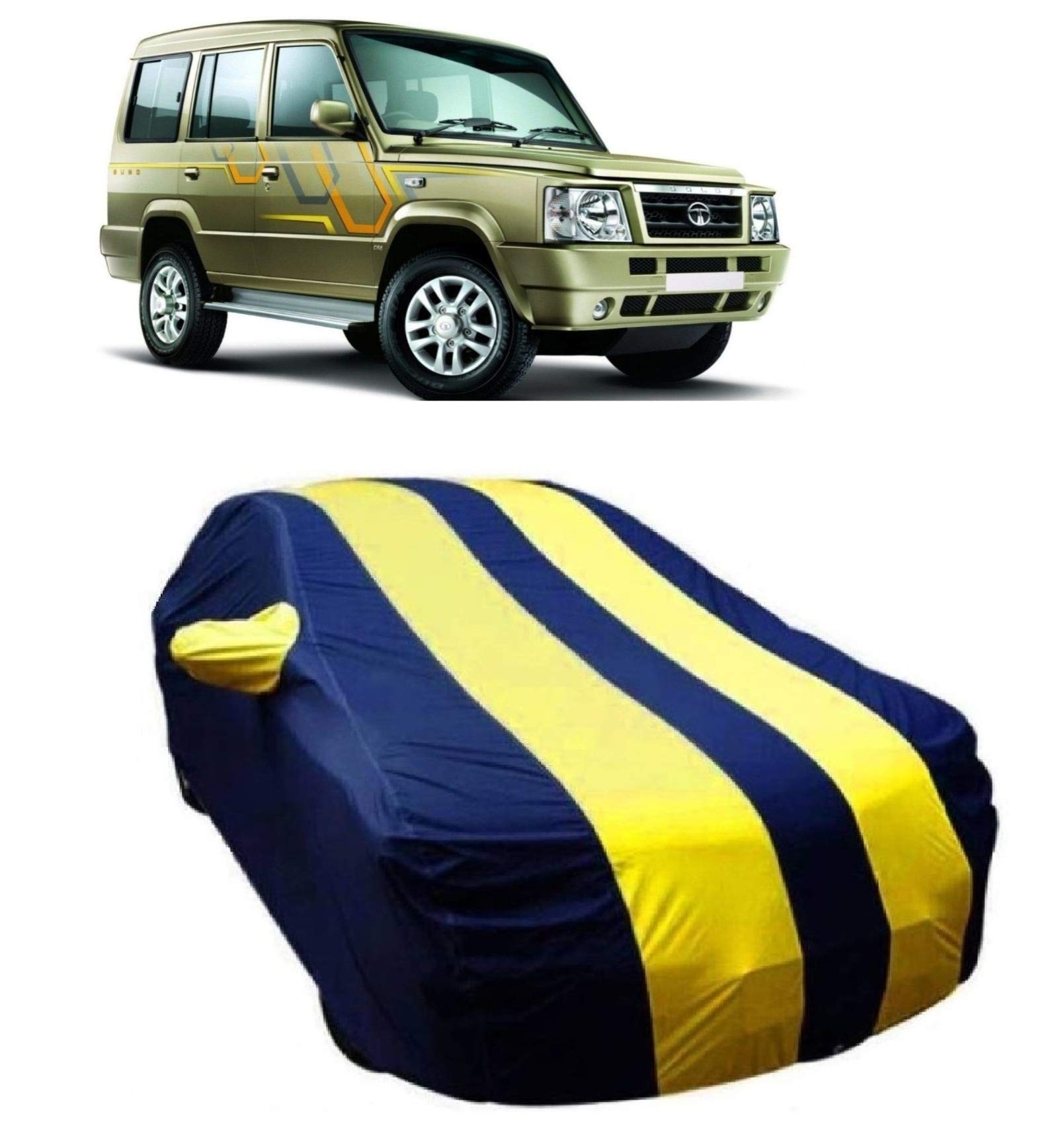 Genipap® Water Resistant Car Body Cover forTata Victal Material | Front and Back Elastic | Belt and Buckle|Triple Stitched |Yellow and Blue with Mirror Pockets