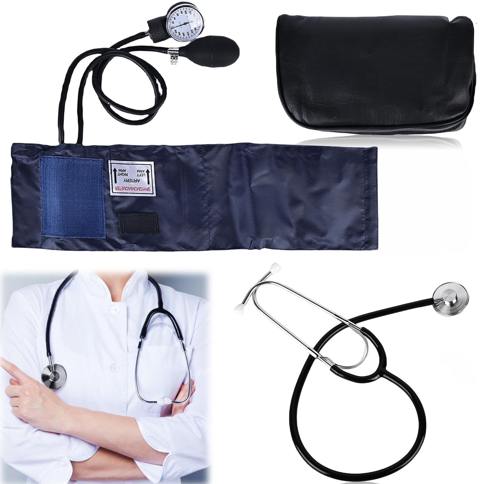 Kit de estetoscopio y manguito de presión arterial manual para estetoscopio, monitor de presión arterial aneroide profesional con estetoscopio de una sola cabeza, manguito para adultos, bola de