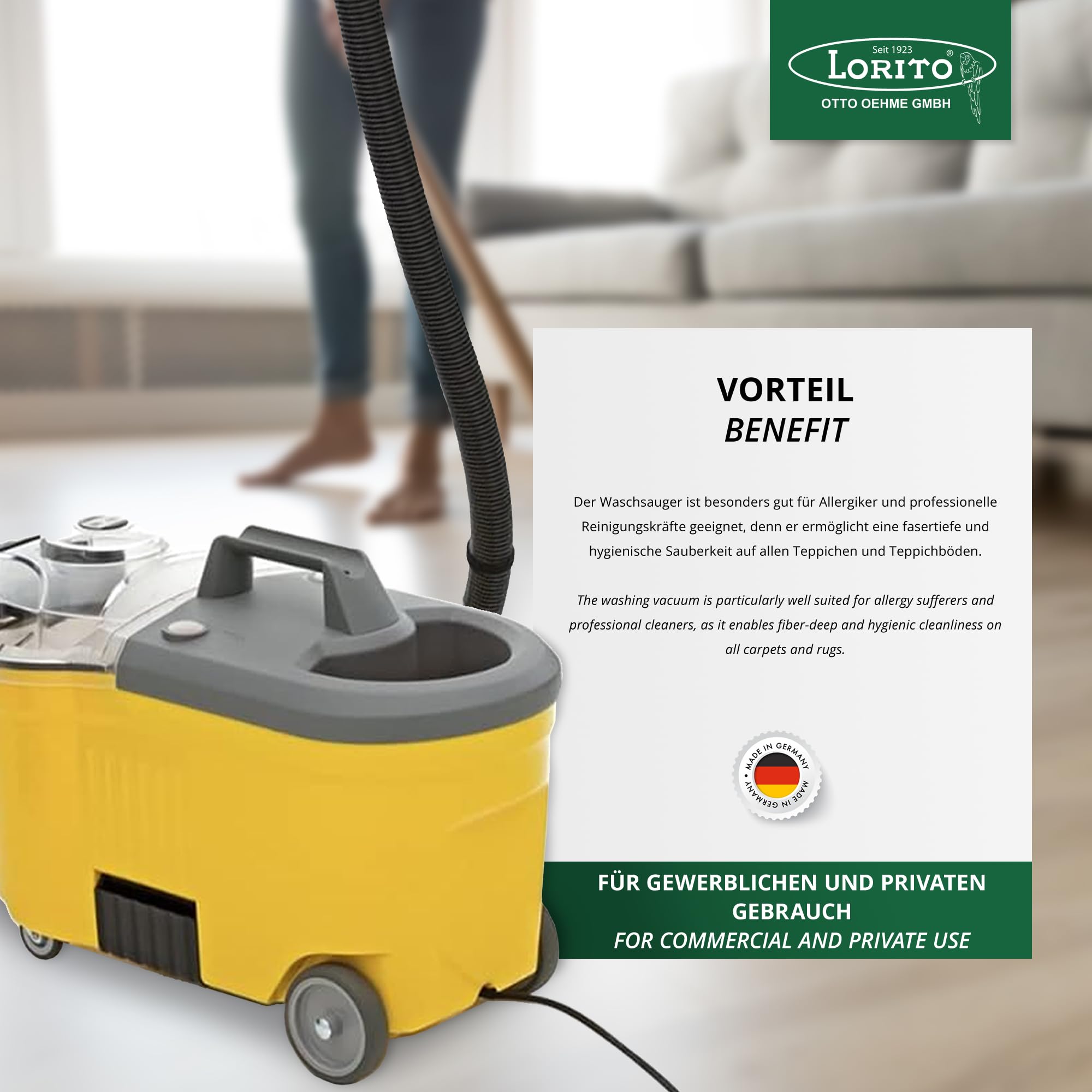 Lorito Profi Sprühextraktionsgerät für Auto, Polster, Teppich 230 V, 1200 W | Teppichreiniger Waschsauger für die effiziente Teppichreinigung, fasertiefe Wirkung, mit Frisch- und Schmutzwassertank