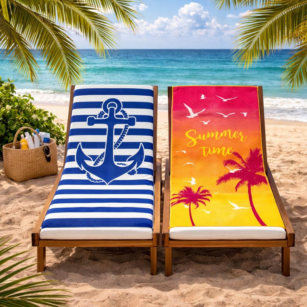 Adore 2 Pack Microfibre Beach Towels 70x140cm - Sand Free Lightweight Quick Dry - Soft Travel Towels for Beach and Pool, Anchor and Summertime Palms