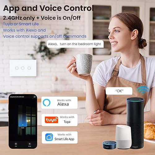 Miniatura 3 de Interruptor de luz inteligente 118X72X34MM, requiere cable neutro, WiFi de 2.4GHz, interruptor inteligente certificado FCC con control de