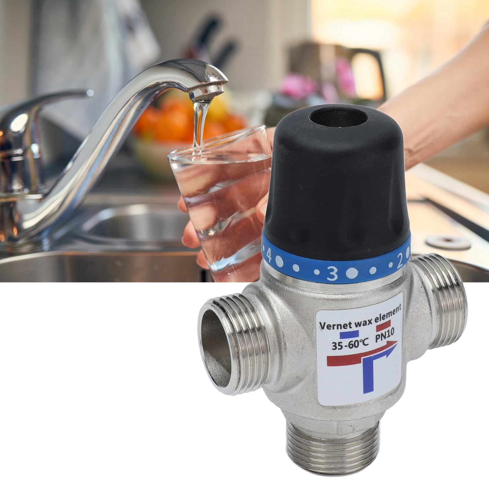 Valvola di Miscelazione Termostatica 3/4" a 3 Vie, Ottone Nichelato, Temperatura Regolabile 35-60°, Argento e Nero, Interruzione Automatica