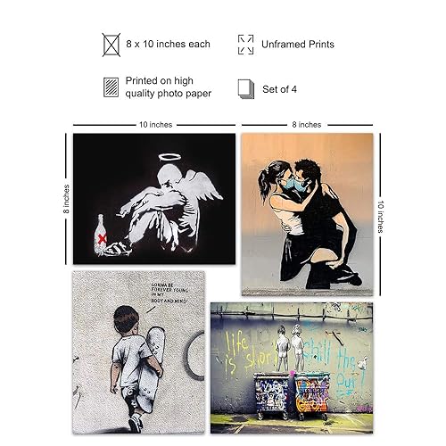 Miniatura 2 de Banksy Posters Set - 8x10 Urban Graffiti Wall Art - Wall Mural Set - Mural Wall Art - Fallen Angel, Forever Young - Teen Room Decor - Dorm Wall