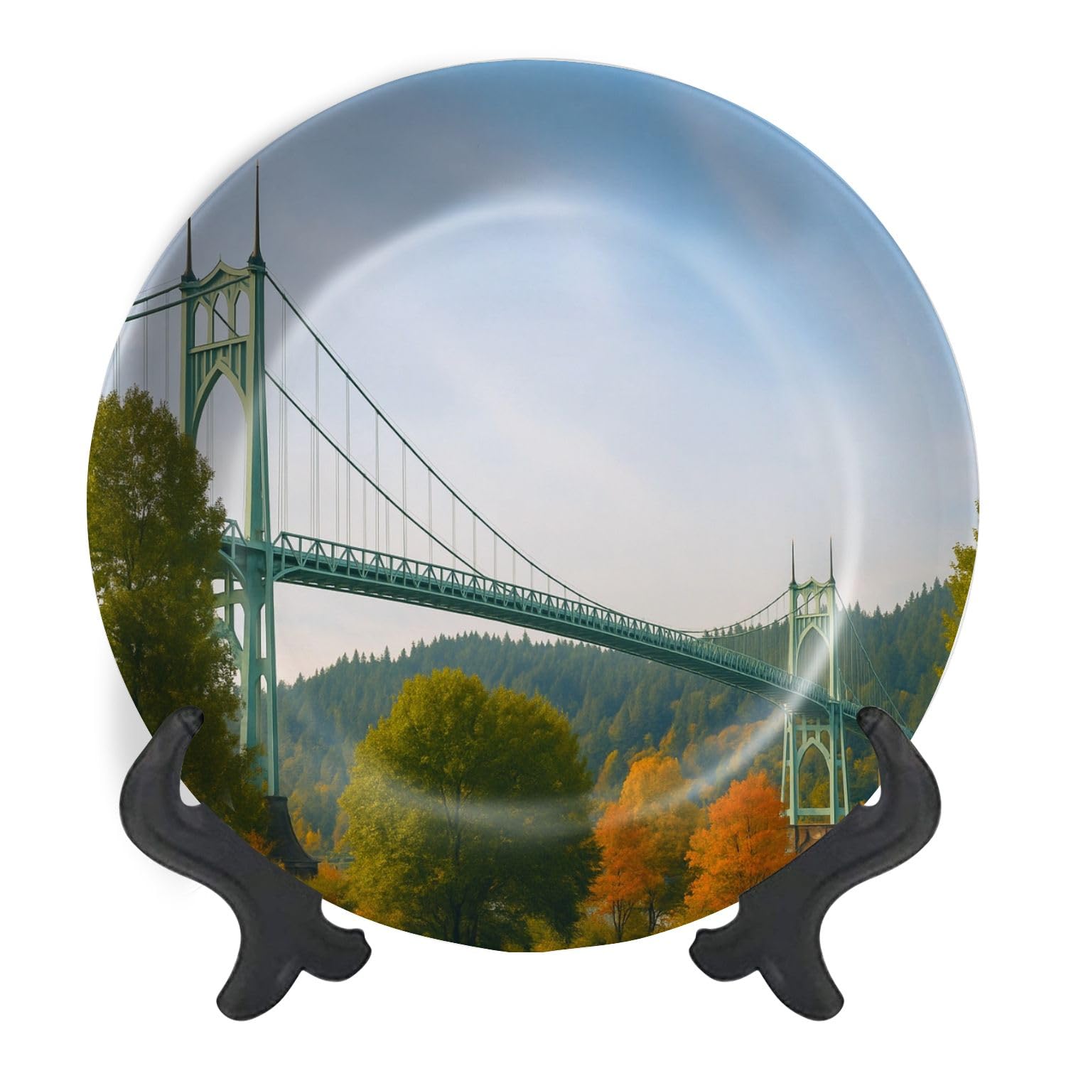 Decorative Plates for Display Autumn landscape s Bridge Cathedral City Park Portland Gift Plates Ceramic Collections Plates Hanging Artwork for Living Dining Room Kitchen Souvenir
