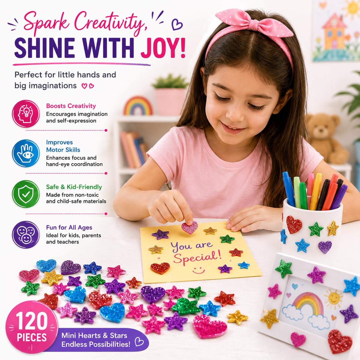 Kidivo Foam Glitter Stickers Self Adhesive, Mini Heart and Stars Shapes for Kid's Arts Craft Supplies Greeting Cards Home Decoration (120 Pieces) 2