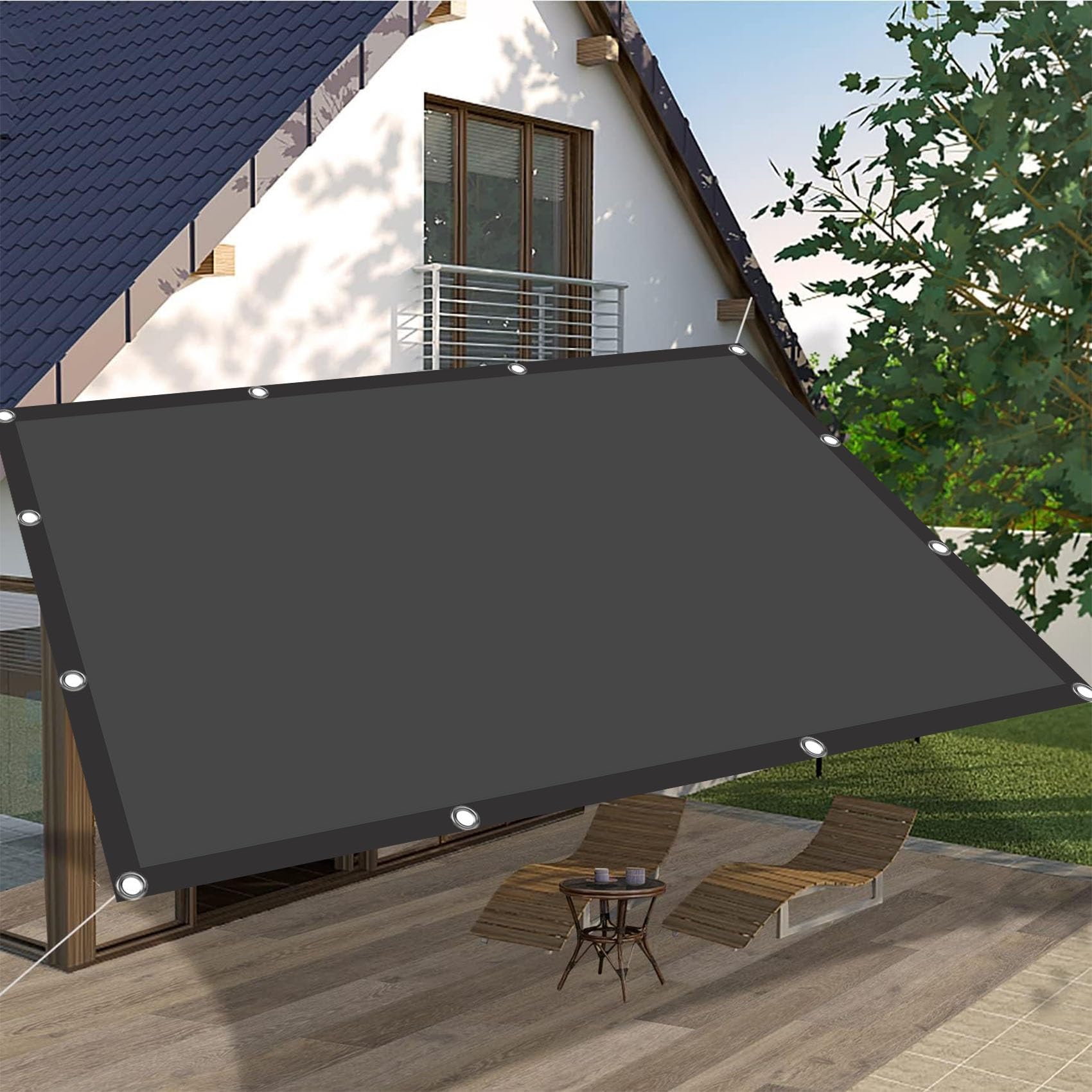 Sonnensegel Wasserdicht 6 x 8 m 98% UV-beständig mit UV Schutz Wasserdicht Sonnensegel Rechteckig mit Ösen und Befestigungsseile für Balkon Garten, Dunkelgrau