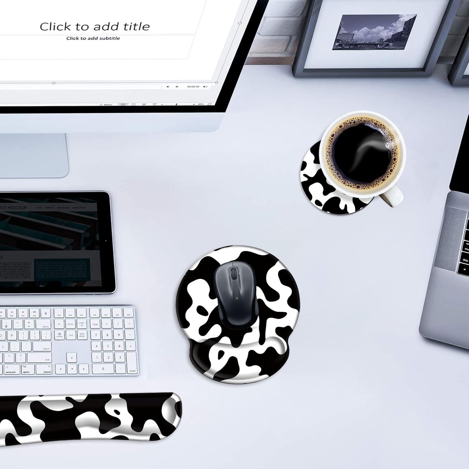 Mouse Pad Wrist Support and Keyboard Wrist Rest Pad with Coaster,Non-Slip Rubber Base Ergonomic Gaming Mousepad for Home Office Working Studying Easy Typing & Pain Relief,Cow Print