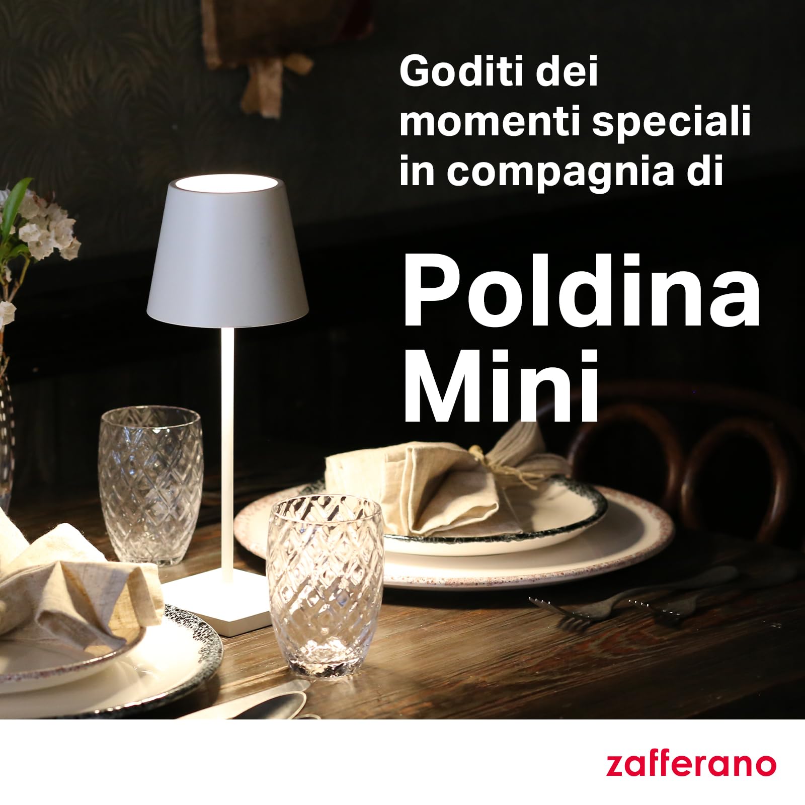 Zafferano, Poldina Pro Mini, Lampada da Tavolo Ricaricabile e Senza Fili con Controllo Touch, Utilizzabile anche come Lampada da Esterni, Dimmer, 2200-3000 K, Altezza 30 cm, Colore Bianco