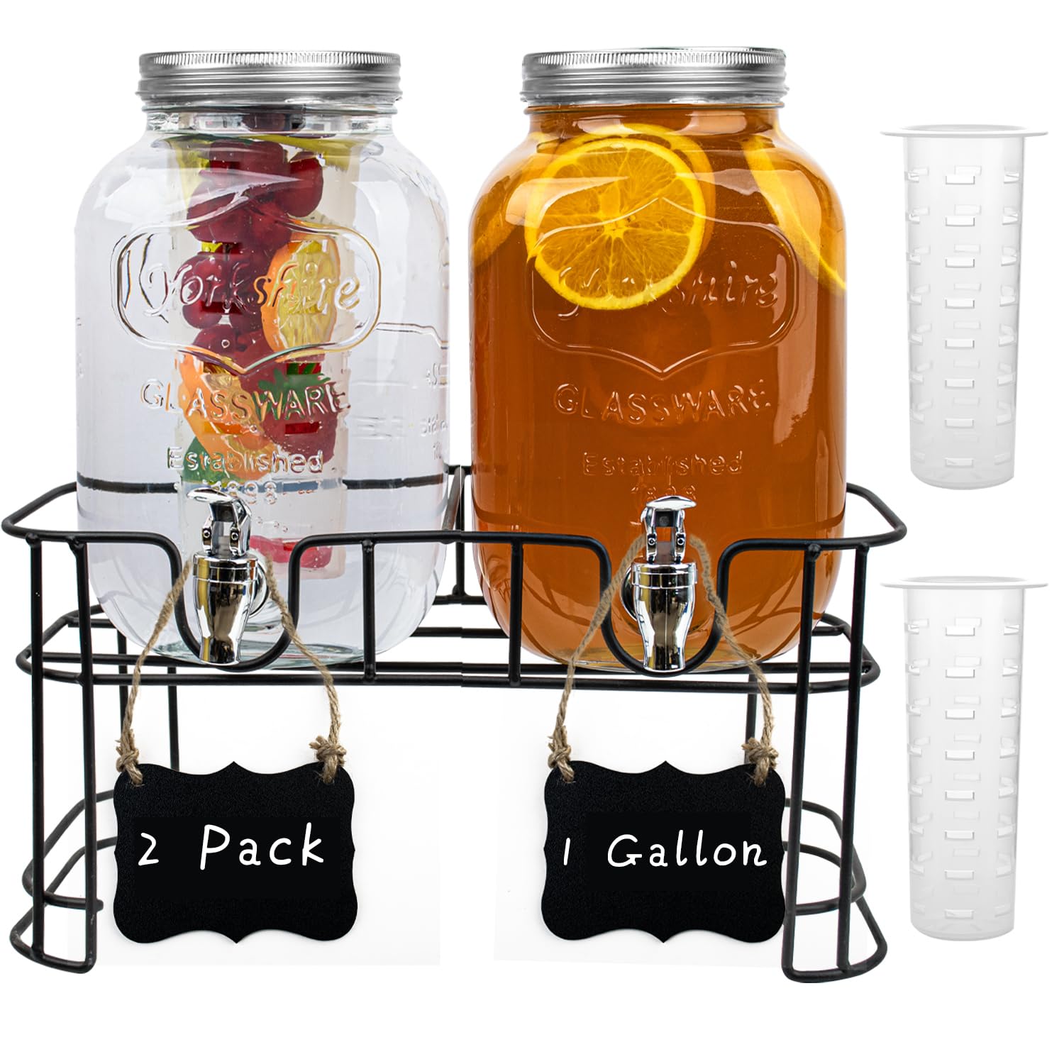 Galssmagic 1 Gallon Glass Drink Dispenser with Stand,2 Pack Glass Drink Dispensers for Parties, Water Juice Lemonade Dispensers