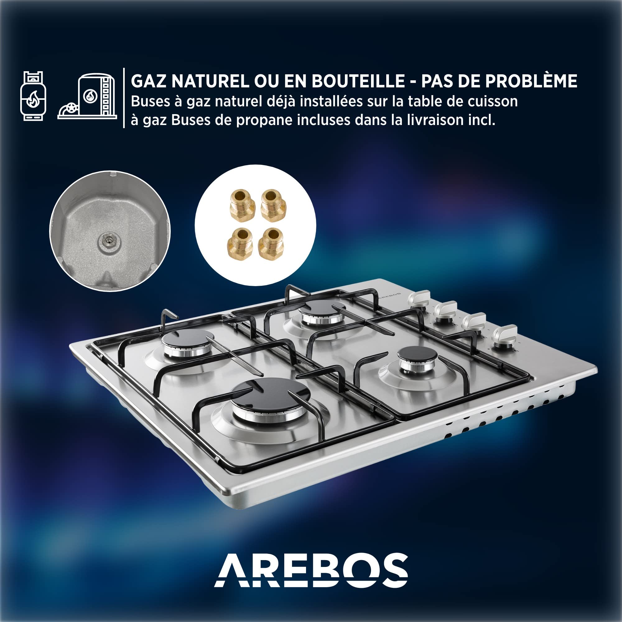 Arebos Table de cuisson à gaz 4 feux | 58 cm Cuisinière à gaz en acier inoxydable avec protection automatique contre les flammes | Gaz naturel ou propane