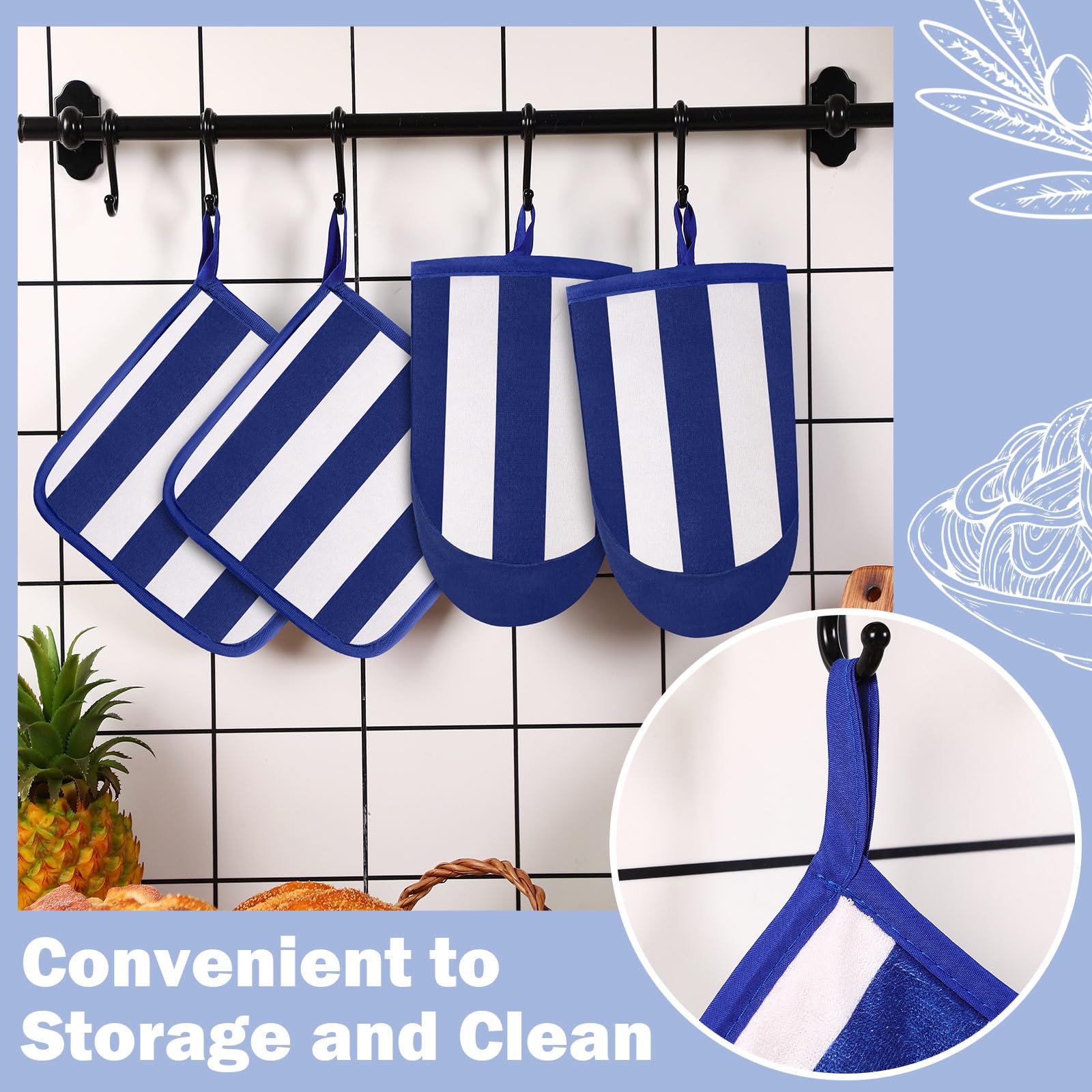 Reallnaive Juego de 4 manoplas de horno y soportes para ollas para cocina, guantes de horno de algodón a rayas, resistentes al calor, 260.0 °C, exteriores, interiores, jardín, hornear, cocinar