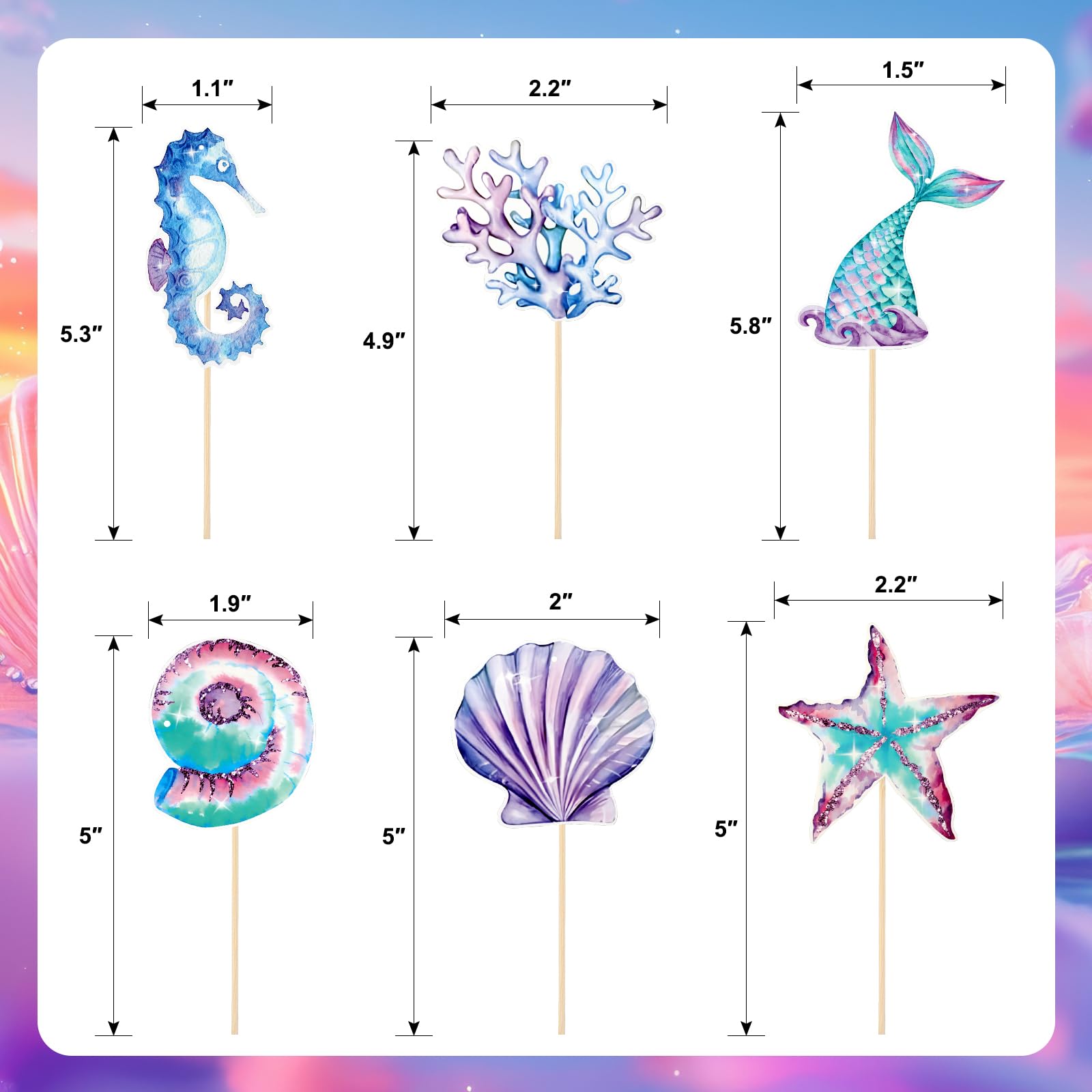 36Pcs Mermaid Tail Cupcake Toppers, Mini Under the Sea Shell Cake Decorations for Girls Mermaid theme Birthday Party Supplies