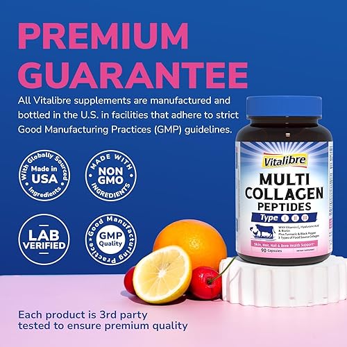 Miniatura 8 de Péptidos multicolágeno, hidrolizados, tipo I, II, III, vitamina C, biotina, ácido hialurónico, cúrcuma y pimienta negra, soporte para la piel