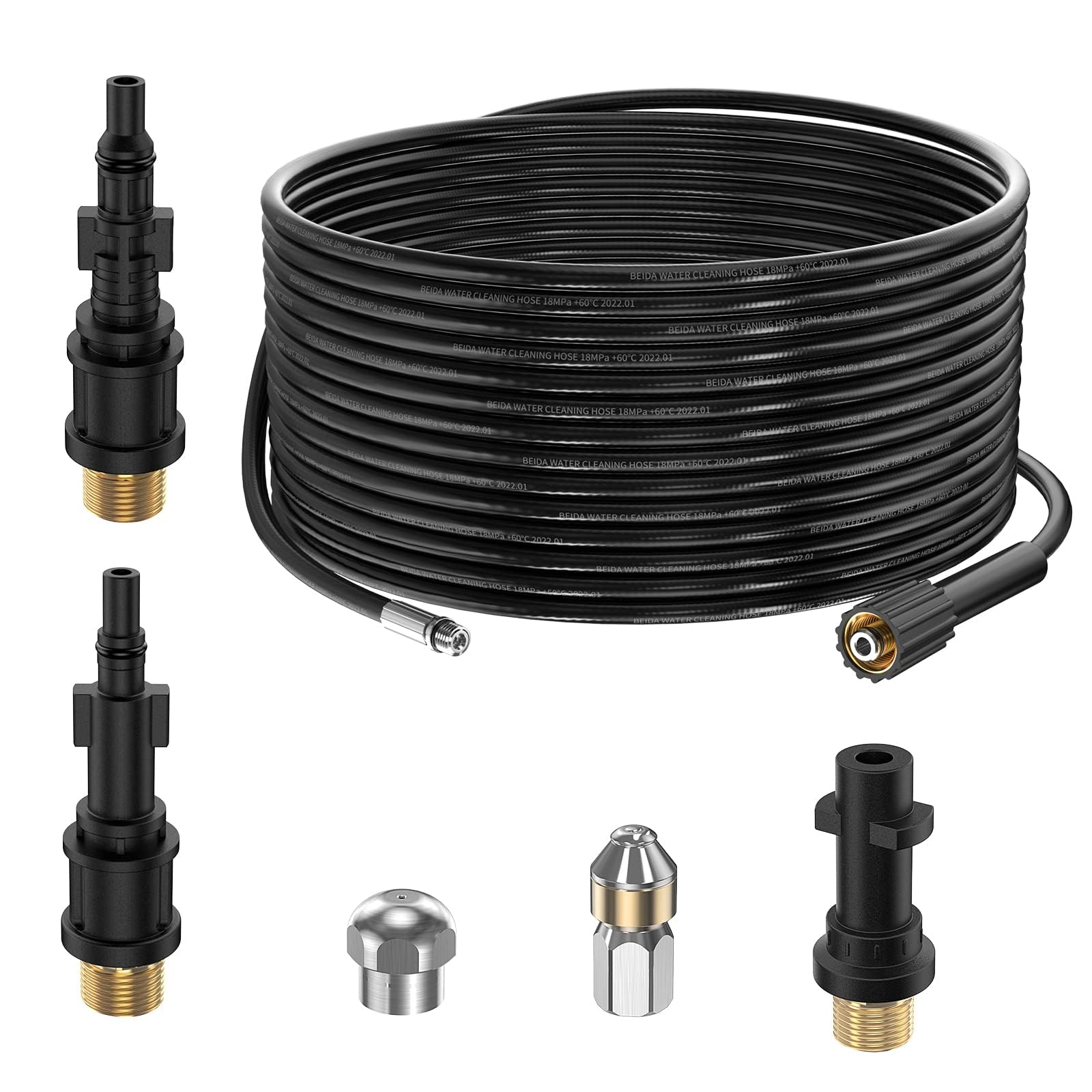 15M Tuyau Déboucheur Canalisation pour Nettoyeur Haute Pression Kärcher K2 K3 K4 K5 K6 K7 HD HDs, 180Bar Kit Furet Professional avec Buse à Jet et Rotatif & Adaptateurs pour Lavor Parkside & Bosch