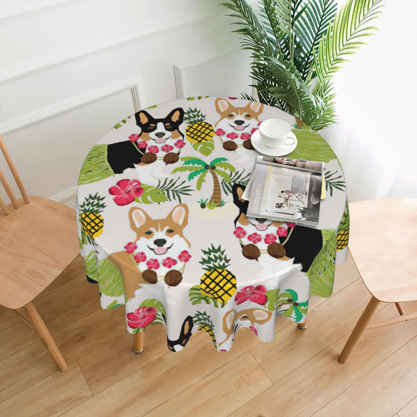 OKFSTY Corgi Hawaiian Summer Pineapple Print Round Tablecloth 60in for Wedding Elegant Polyester Cover for Party Reception Festive Dinner