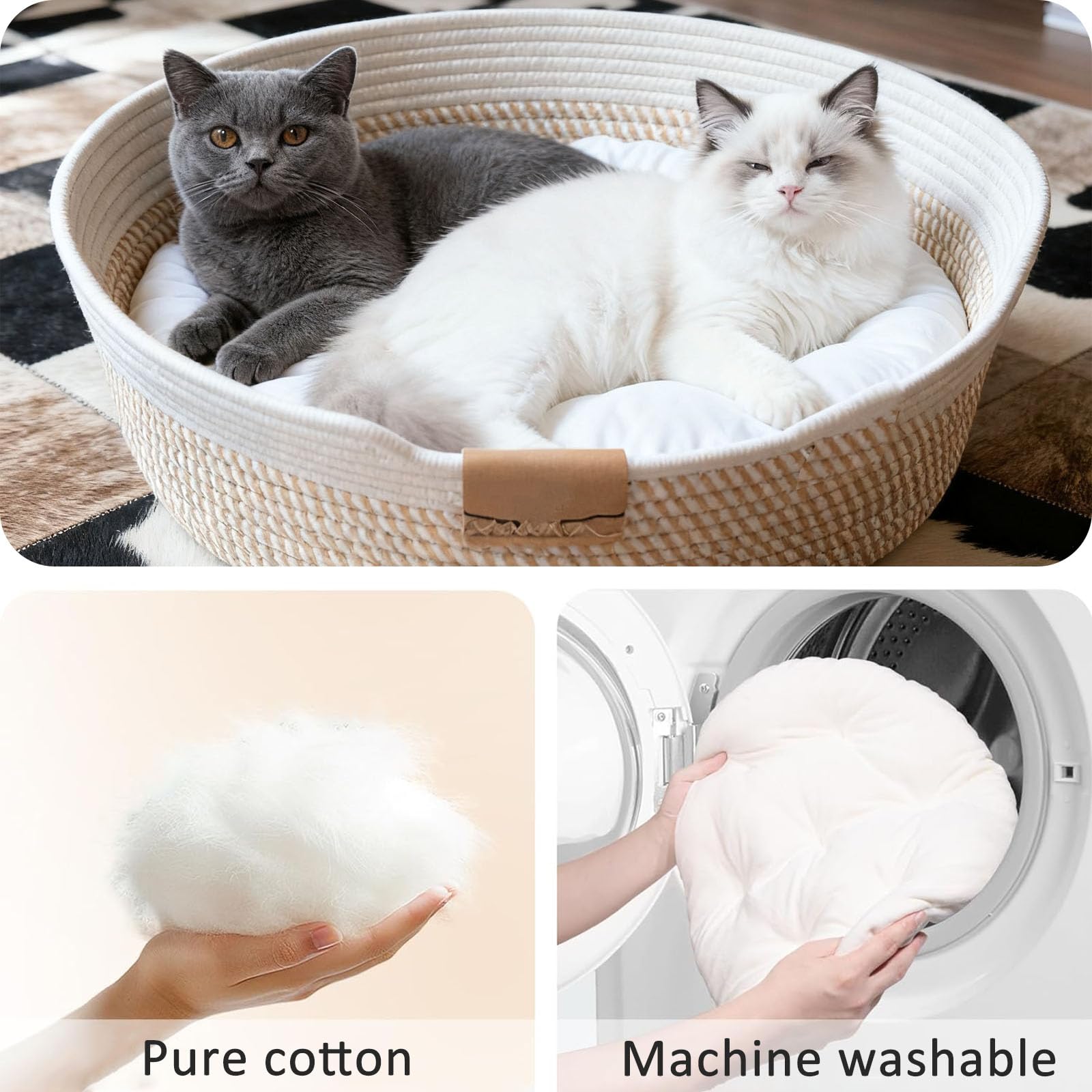 Cama para Gatos con Cojín y Cuerda de Algodón Tejida | Cesta de Gato Lavable Resistente al Desgaste, Camas para Gatitos de Interior, Cama Cálida Universal para Todas las Estaciones