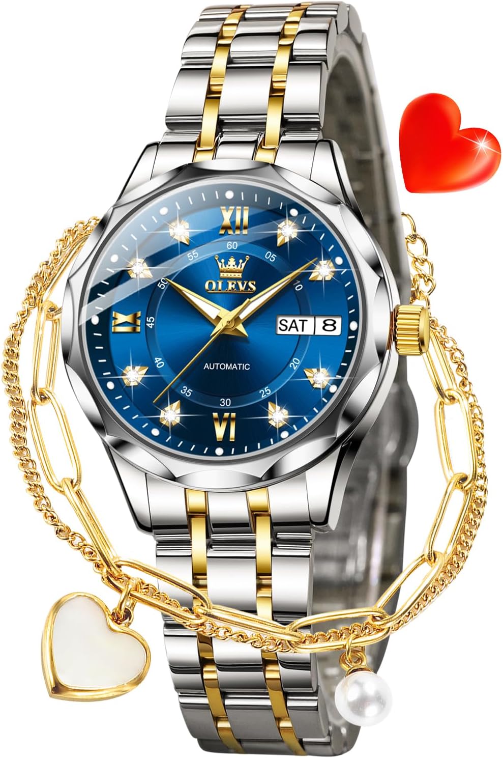 OLEVS Womens Watches Casual Modern Diamond Automatic Mechanical Ladies Self Winding Dress Two Tone Wrist Watch Date Day