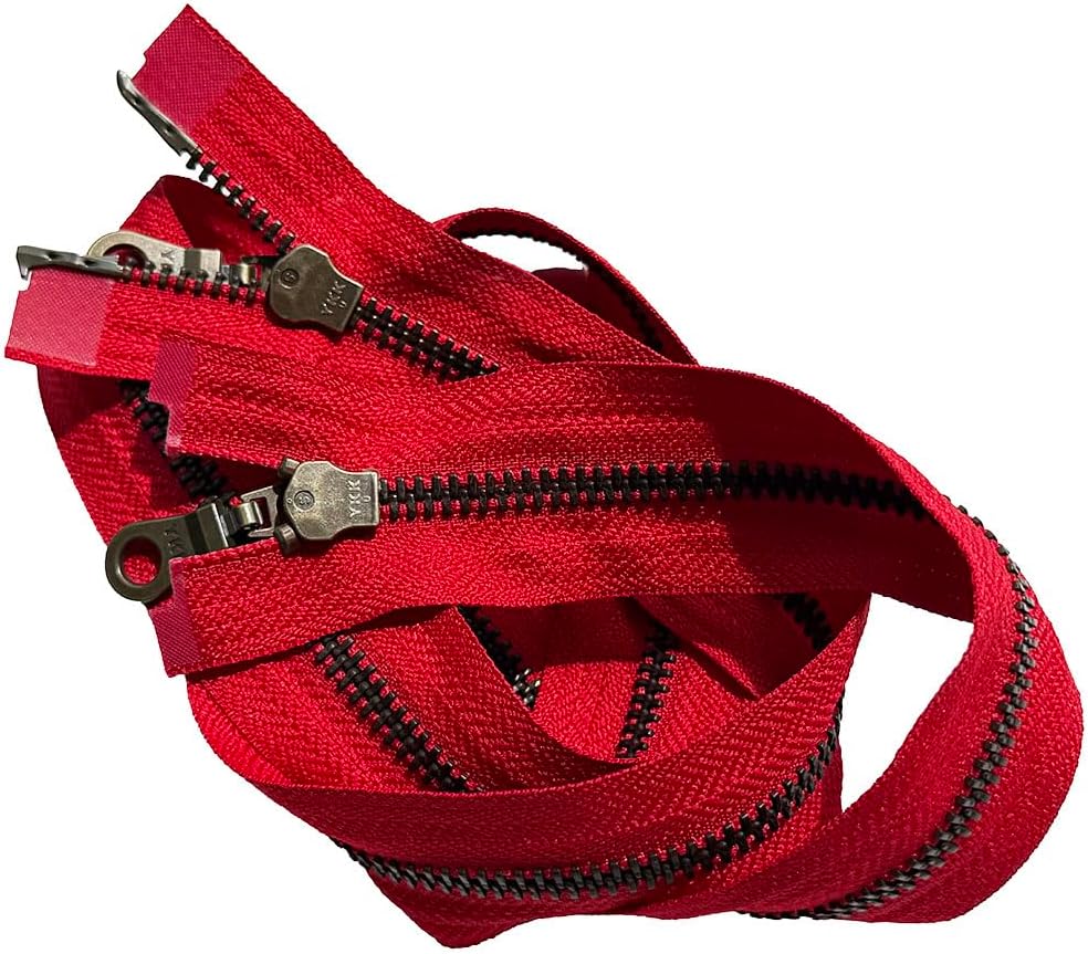 YKK #5 Antique Brass Two-Way Medium Weight Metal Jacket Zipper Doughnut Drop Pull Separating, Open-End (1 Zipper) Tape Color: Hot Red #519W - Choose Length (29" Inches)