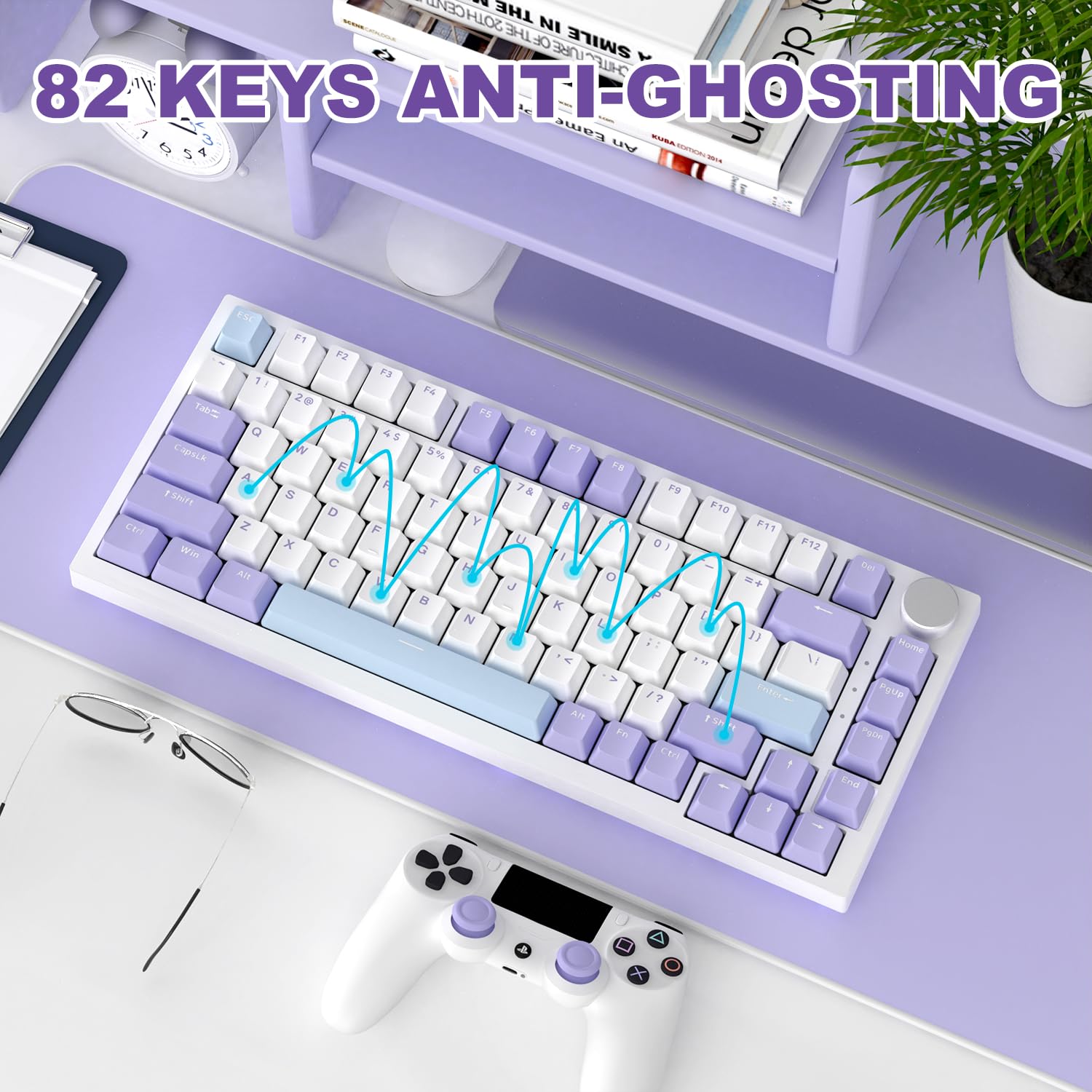 A.JAZZ AK820 Tastiera da gioco meccanica cablata 75%, supporto guarnizione hot-swap, retroilluminazione RGB, 82 tasti con manopola volume CNC, schiuma Poron, copritasti PBT per PC/WIN/MAC-Viola