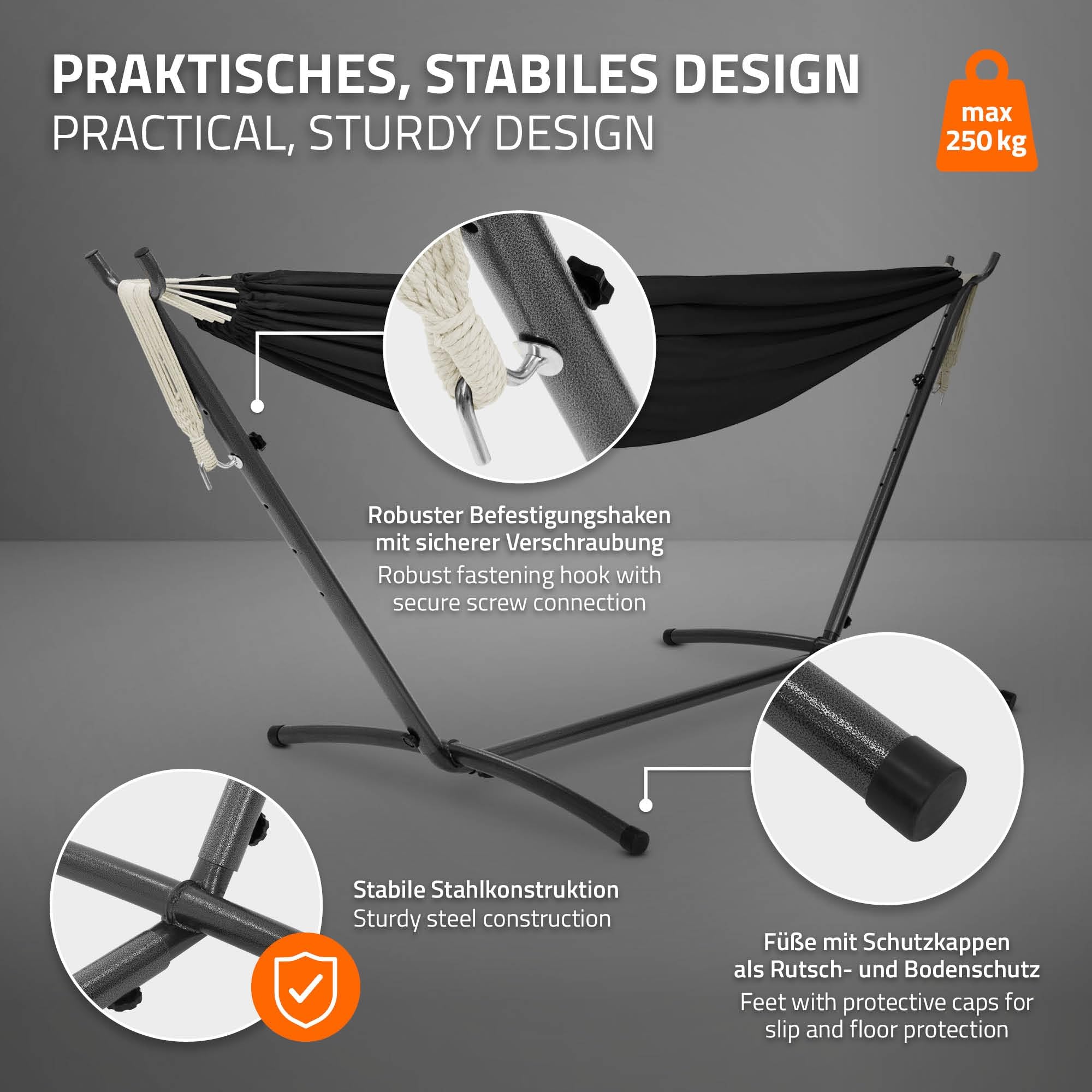 ML Design Amaca Doppia in Poliestere e Cotone Nero 275 x 110 x 98 cm con Supporto in Acciaio Spazio per 2 Persone Sedia Sospesa XXL Portatile con Borsa per Trasporto e Sacchetto Amache da Giardino