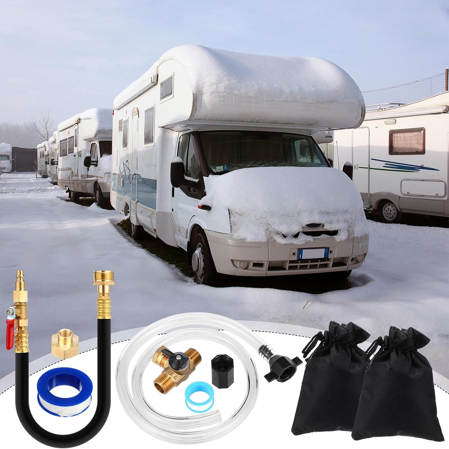 36543 RV Winterizing Kit Include Pump Converter Winterizing Kit Sprinkler Blowout Adapter with Shut off Valve Winterize Blowout Adapter and Outdoor Faucet Cover for RV Camper Boat Motorhome