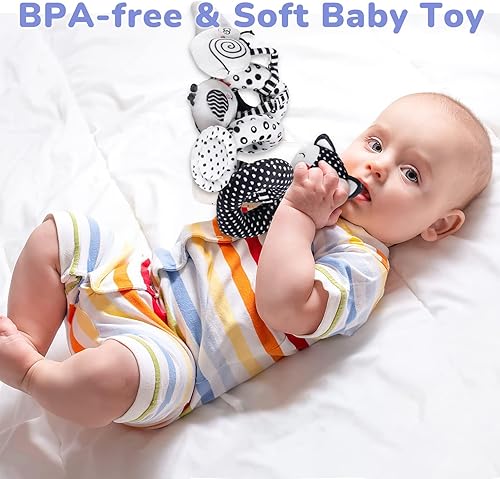 Miniatura 7 de XIXILAND Juguetes de peluche en espiral para bebé, juguetes de asiento de coche en blanco y negro, juguete de alto contraste para bebés recién