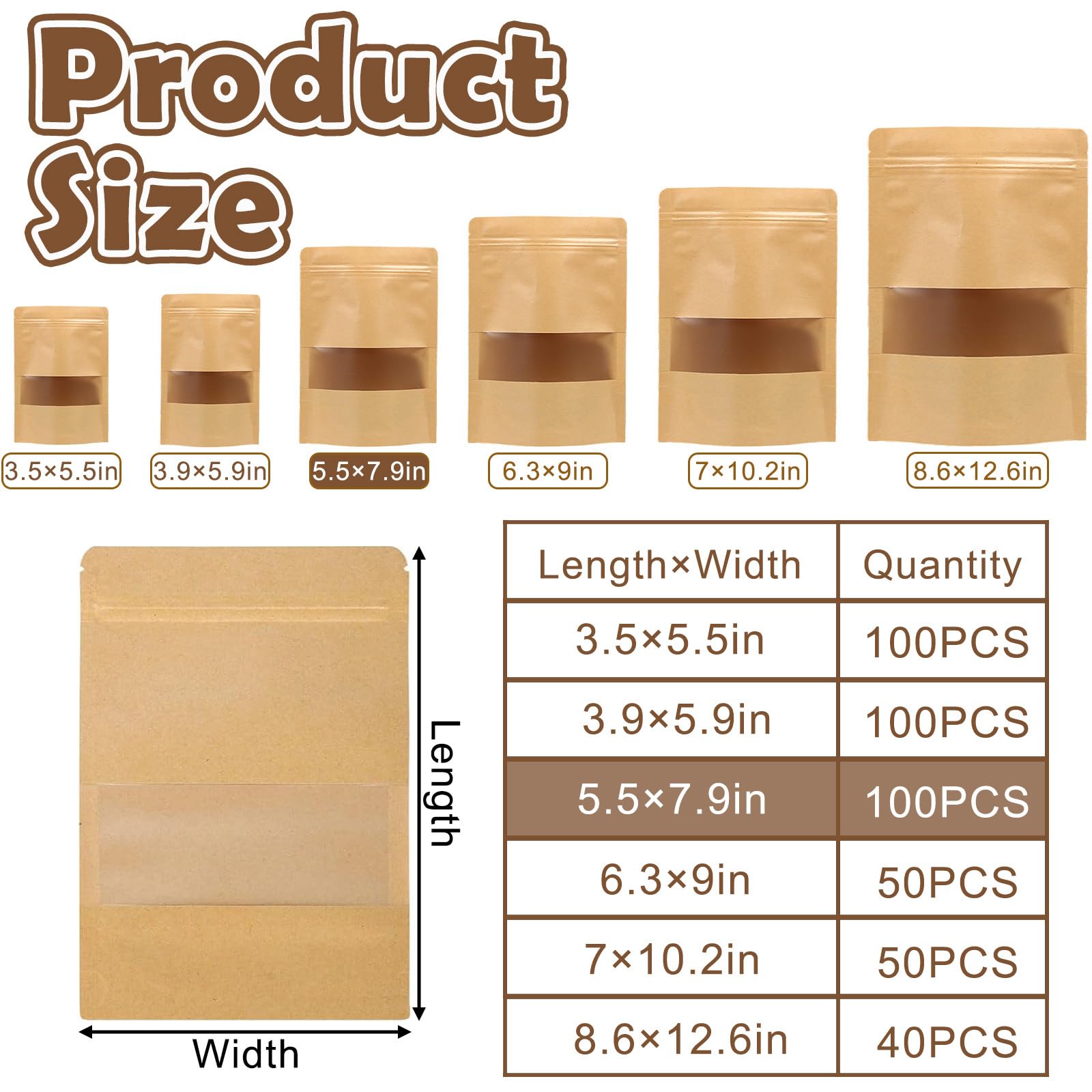 Sacchetti Carta Kraft Alimentare con Finestra e Chiusura 14x20cm Marrone 100 Pezzi