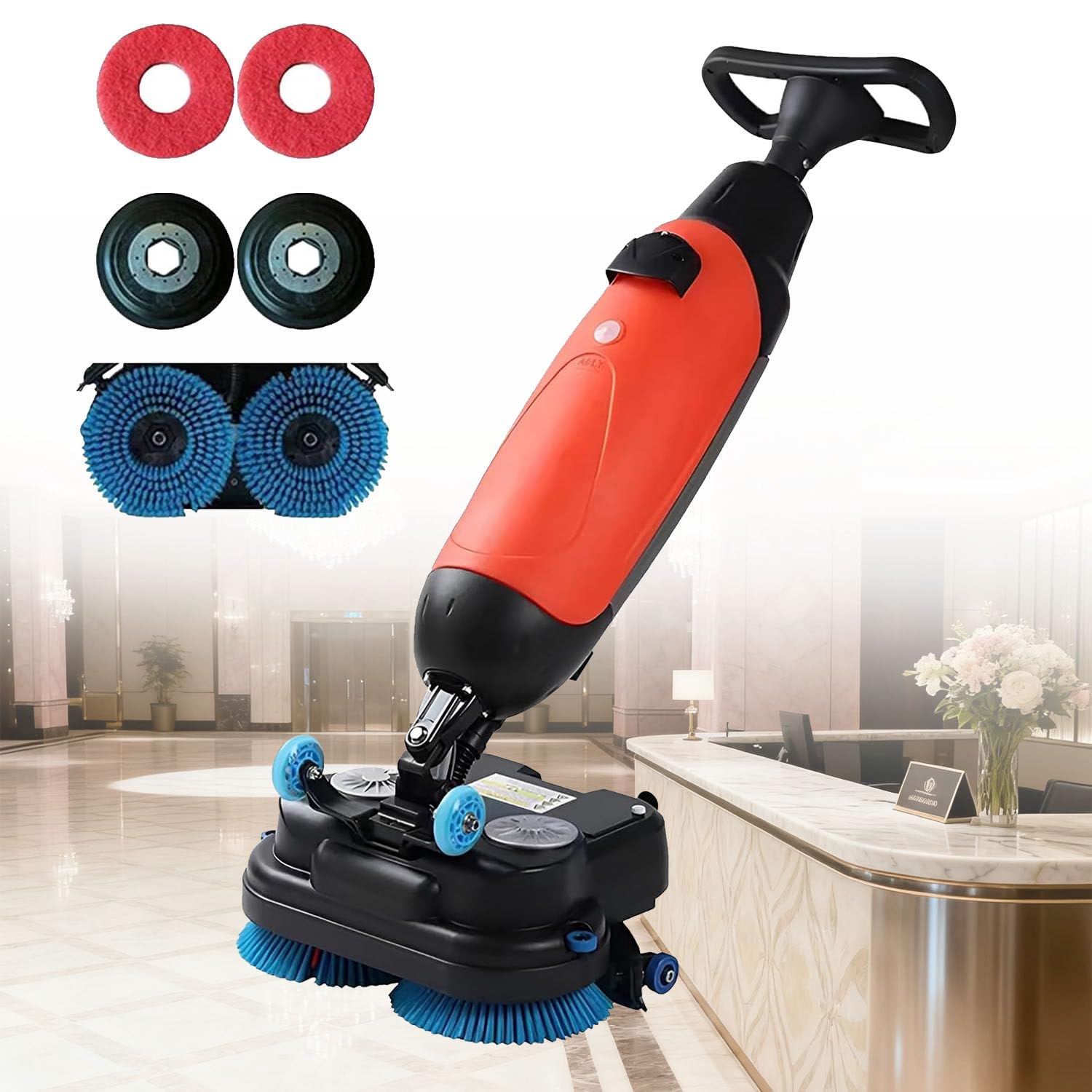 Mini Fregadora De Suelos, Máquina De Limpieza Portátil Comercial De 43 Cm De Ancho, Cobertura De 1200 M²/H Y Velocidad De 360 ​​rpm Para Grandes áreas Como Centros Comerciales, Restaurantes Red