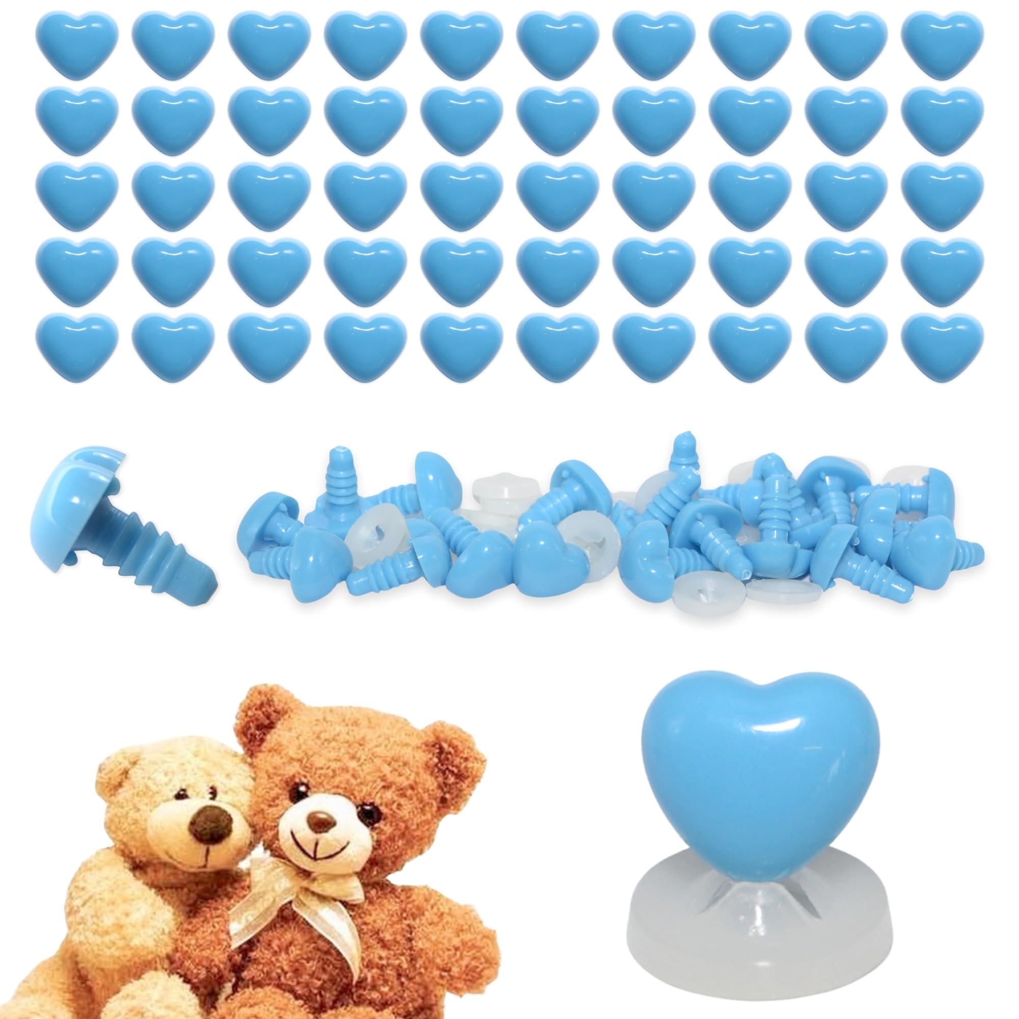 celloexpress 12mm x 11mm Deep Sky Blue Heart Noses with Plastic Backs - Safety Noses for Soft Toy Teddy Bear Animal Making (Pack of 50)