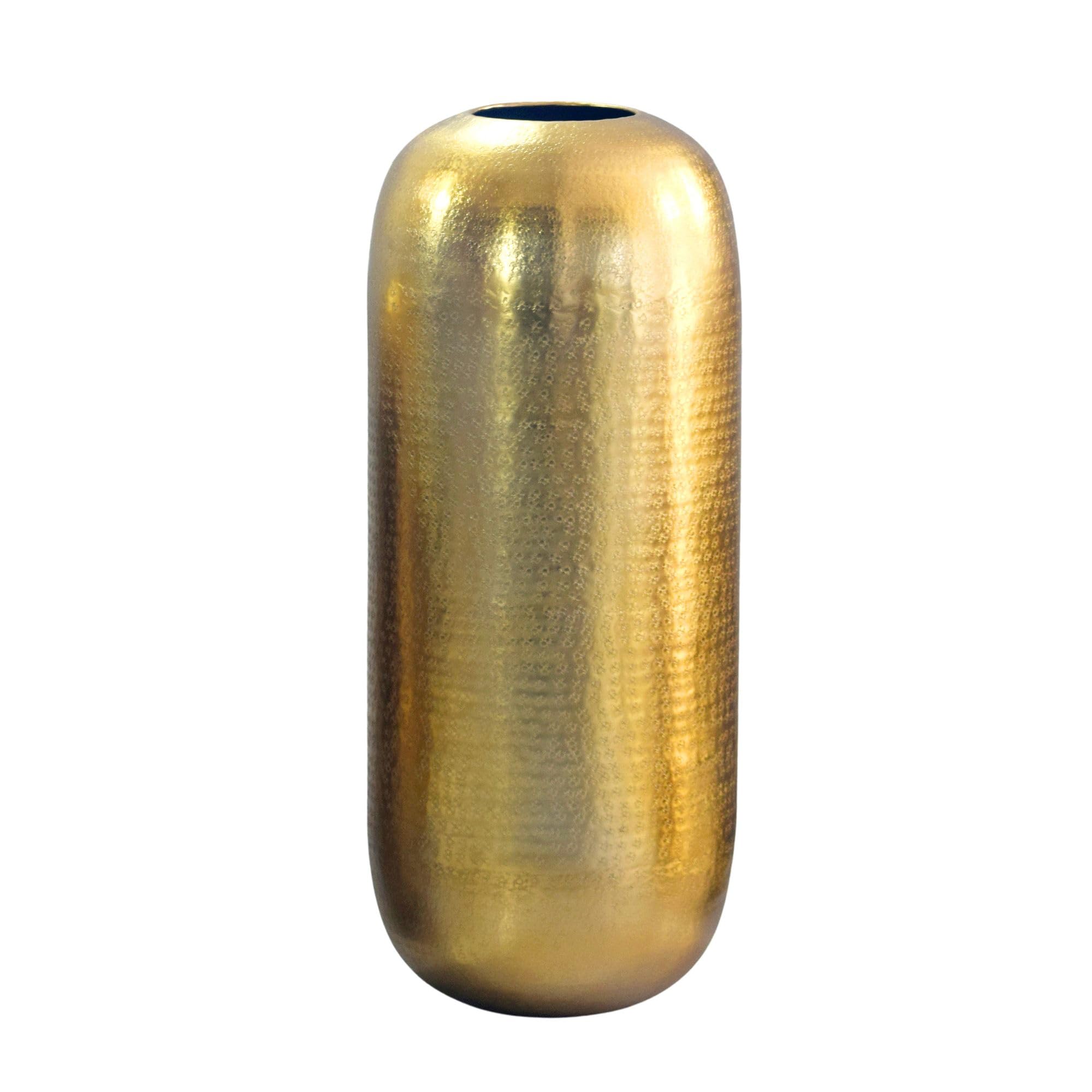 FineBuy Bodenvase 60 cm Aluminium Gold Rund, Standvase | große Dekovase mit gehämmerter Oberfläche, Blumenvase handgefertigt, Wohndeko für Wohnzimmer und Flur