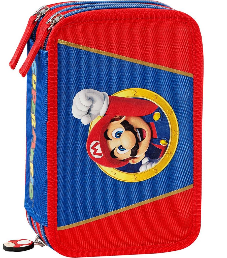 Clondo Astuccio 3 Scomparti Riempito Bambino, Per Super Mario Fan Bambini, 45 Accessori Scuola, 3 Zip, Set Cancelleria