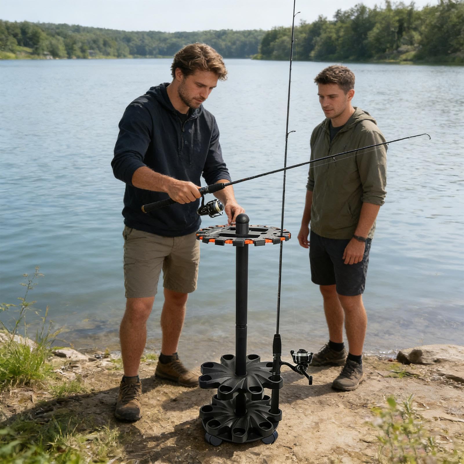 Soporte giratorio para caña – Estante de varillas vertical V16, puede acomodar 16 cañas y combos, soporte de piso que ahorra espacio con relleno de espuma, ABS duradero para viajes en kayak de garaje