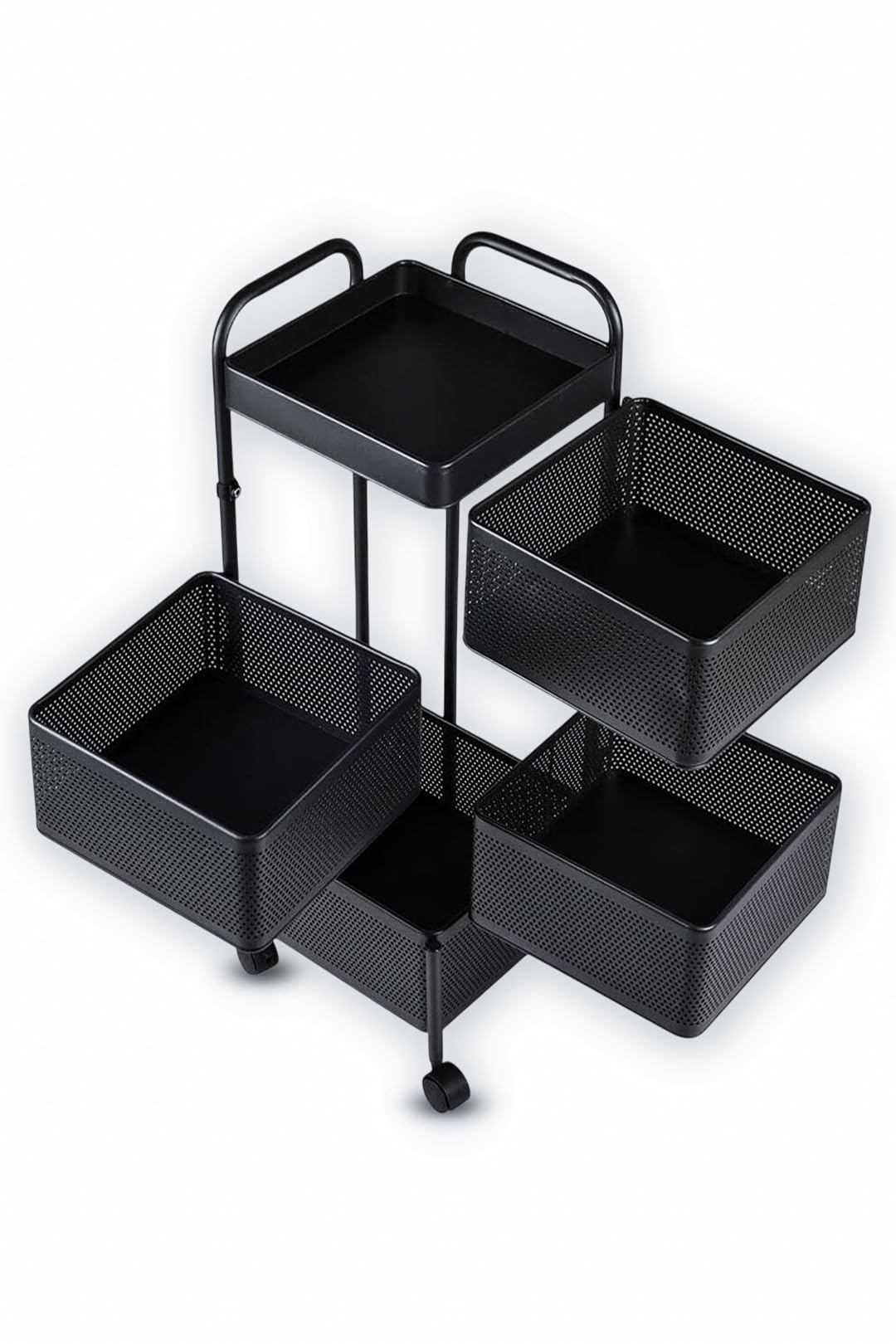 HYGRAD BUILT TO SURVIVE 4/5 Tier Square Rotating Kitchen Bathroom Trolley Cart Storage Basket Shelf With Wheels -Vegetable, Fruit Rack Storage Pantry, Bathroom – Black (4 - Tier)
