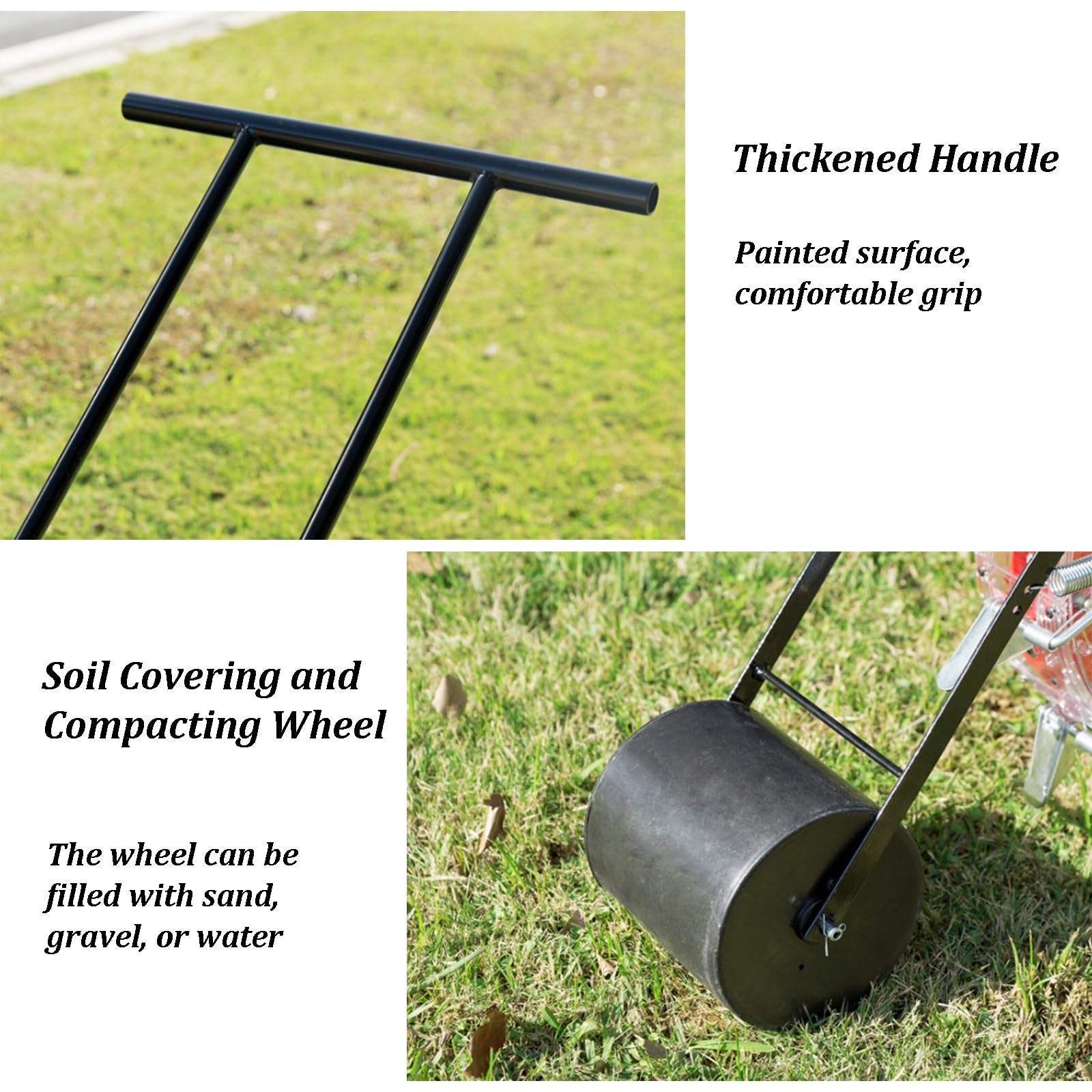 Sembradora de empuje, sembradora manual con rueda y asa, profundidad de plantación ajustable, herramienta de césped y jardín para plantar maíz, algodón, soja