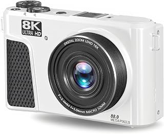 PUSOKEI 8K Digital Camera for Photography, 88MP Vlogging Camera with 3" 180 Flip Screen, 18X Zoom, Autofocus, Wide Angle Lens, WiFi Mirrorless Cameras with 32GB Card, 2 Batteries (White)