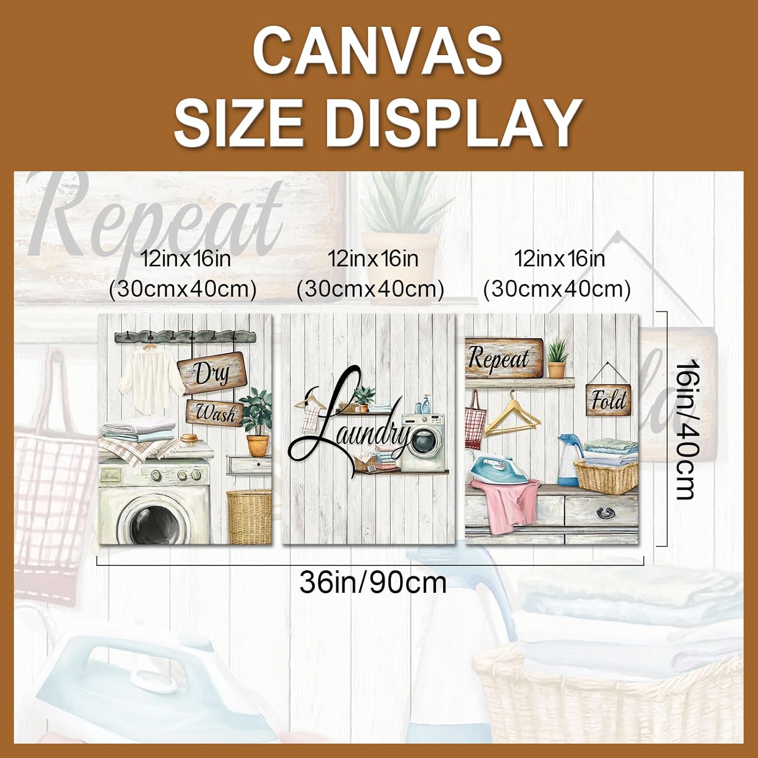 PoGoXiPoYo 3 Pieces Laundry Room Wall Art Canvas Prints Wash Dry Repeat Fold Laundry Signs Pictures Rustic Wall Decor Ready to Hang 12"x16"x3