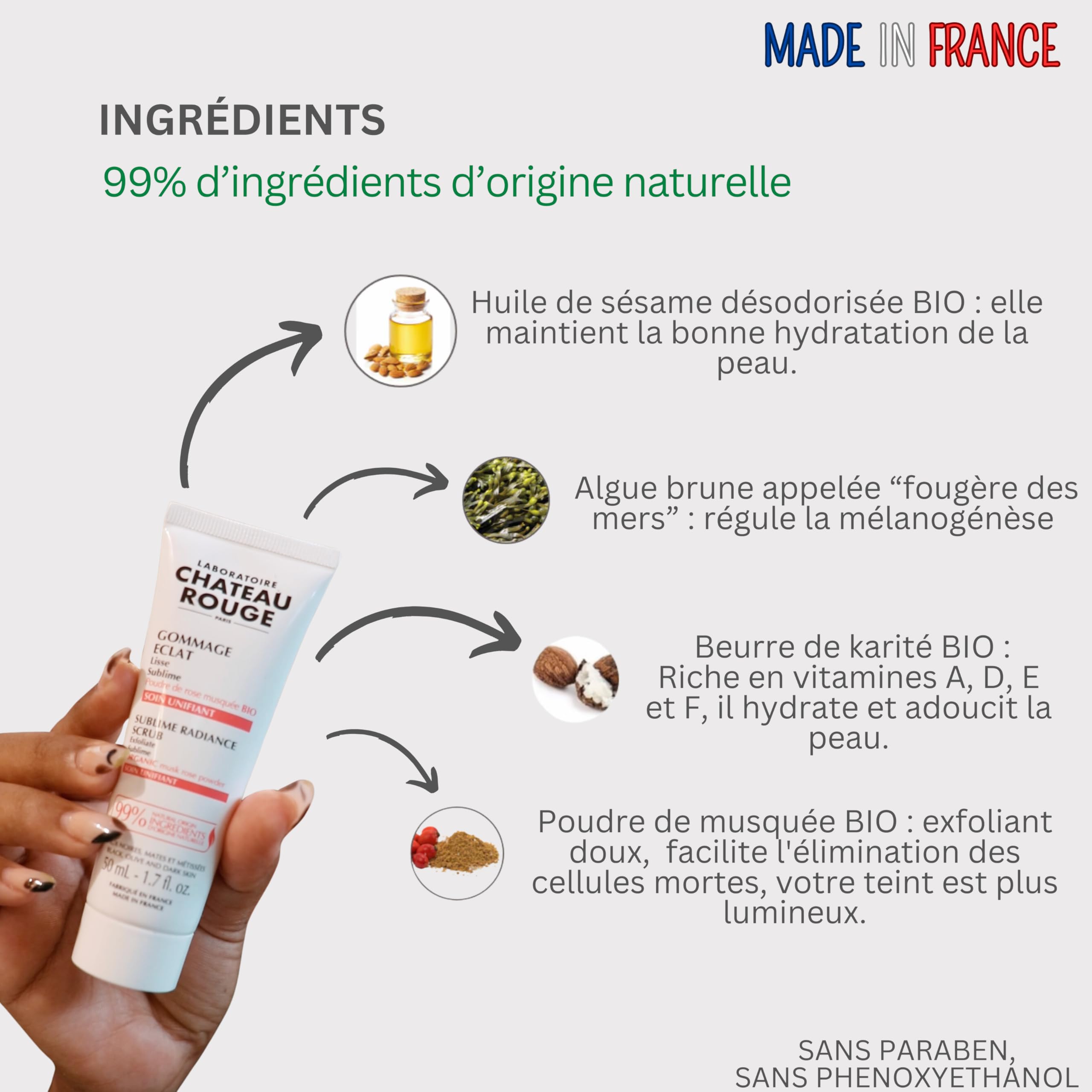 Laboratoire Château Rouge Gommage Visage Éclat 50 ml – Exfoliant Doux à la Rose Musquée Bio – Peaux Noires, Mates & Métissées – 99% d’Origine Naturelle – Made in France
